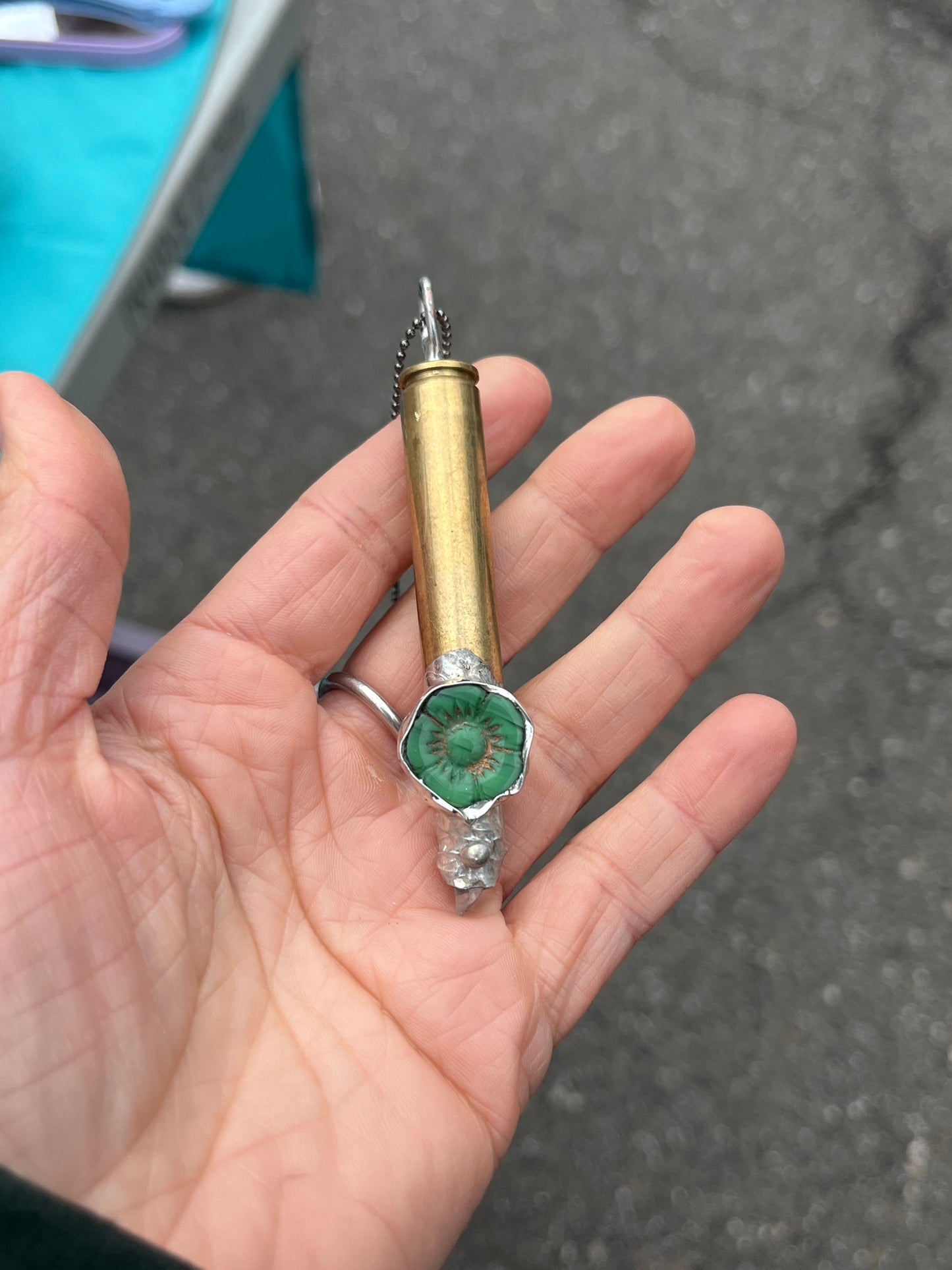Bullet Casing Necklace with Czech Glass Green Flower and Quartz – Unique Mixed Media Jewelry