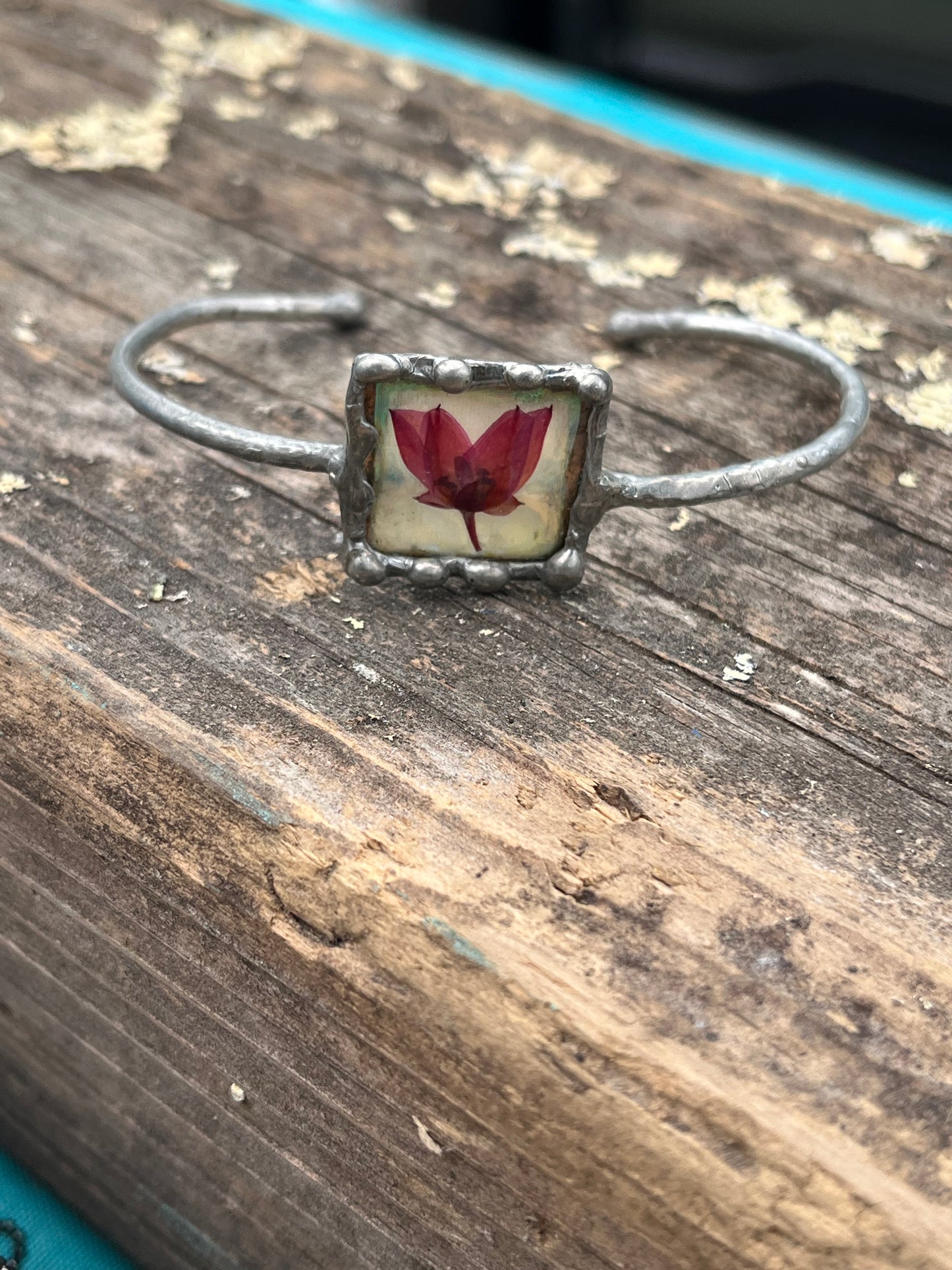 Pressed Boronia Flower Resin Cuff – Iridescent Botanical Jewelry
