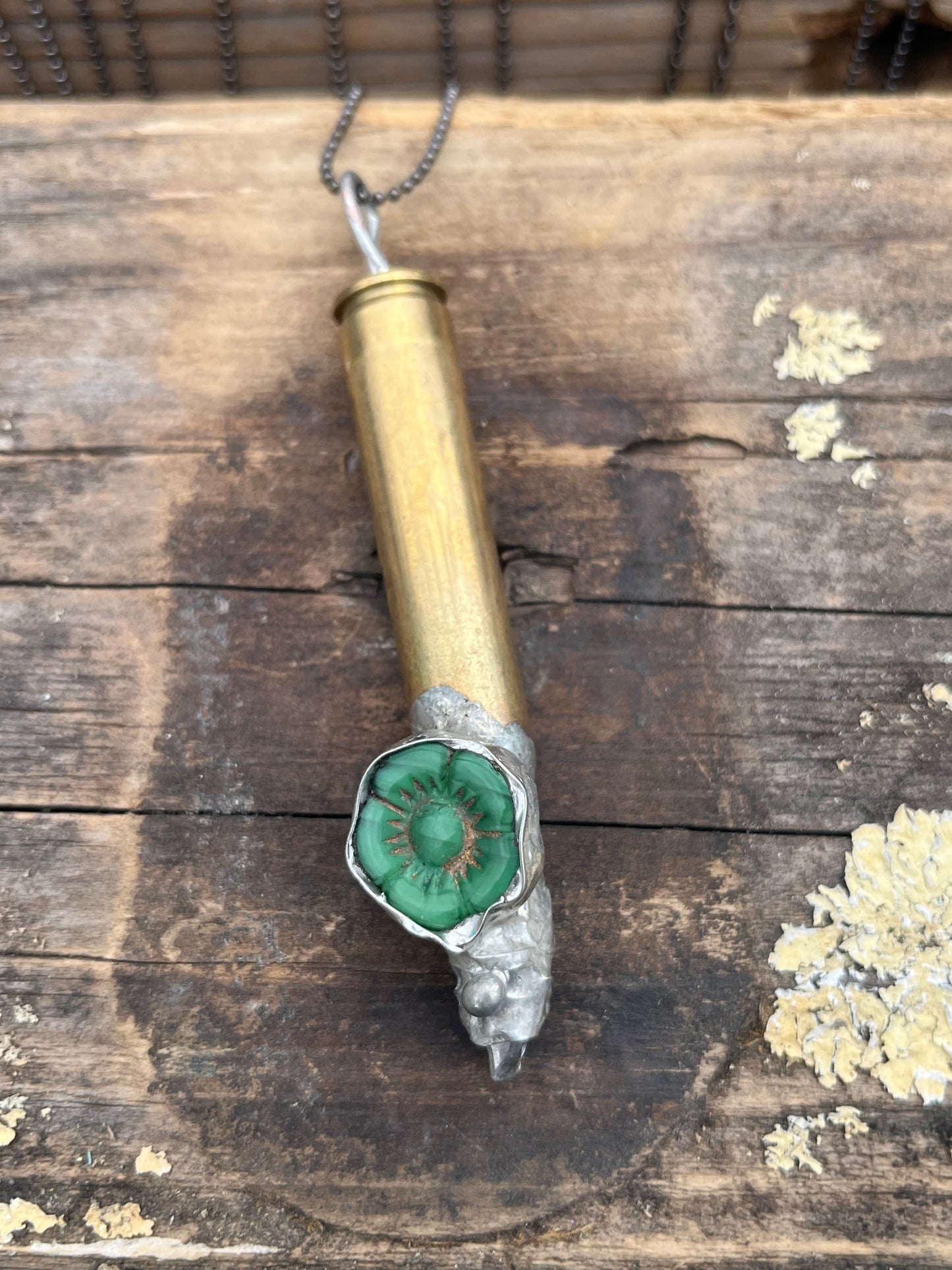 Bullet Casing Necklace with Czech Glass Green Flower and Quartz – Unique Mixed Media Jewelry