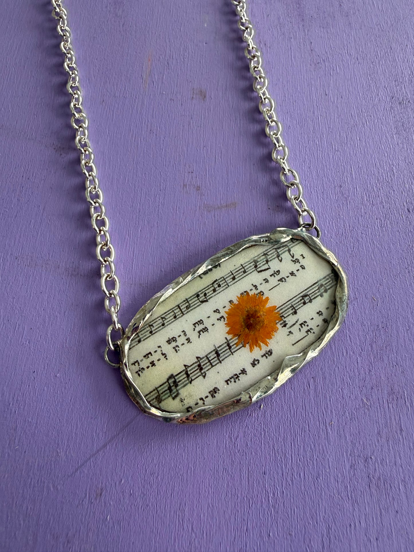 Old Hatikvah Vintage Music Sheet Necklace with Orange Flower