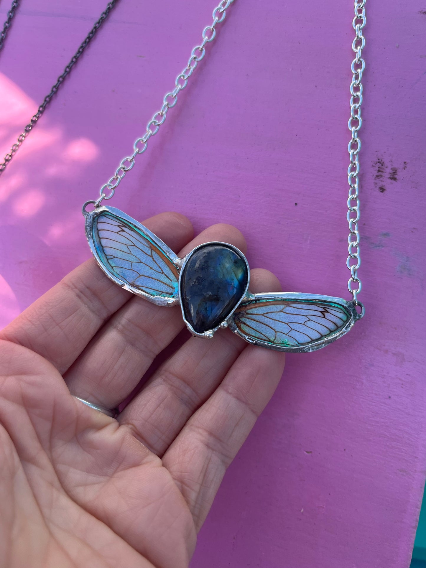 Double Iridescent Cicada Wing Necklace with Teardrop Labradorite – Ethereal Nature Jewelry