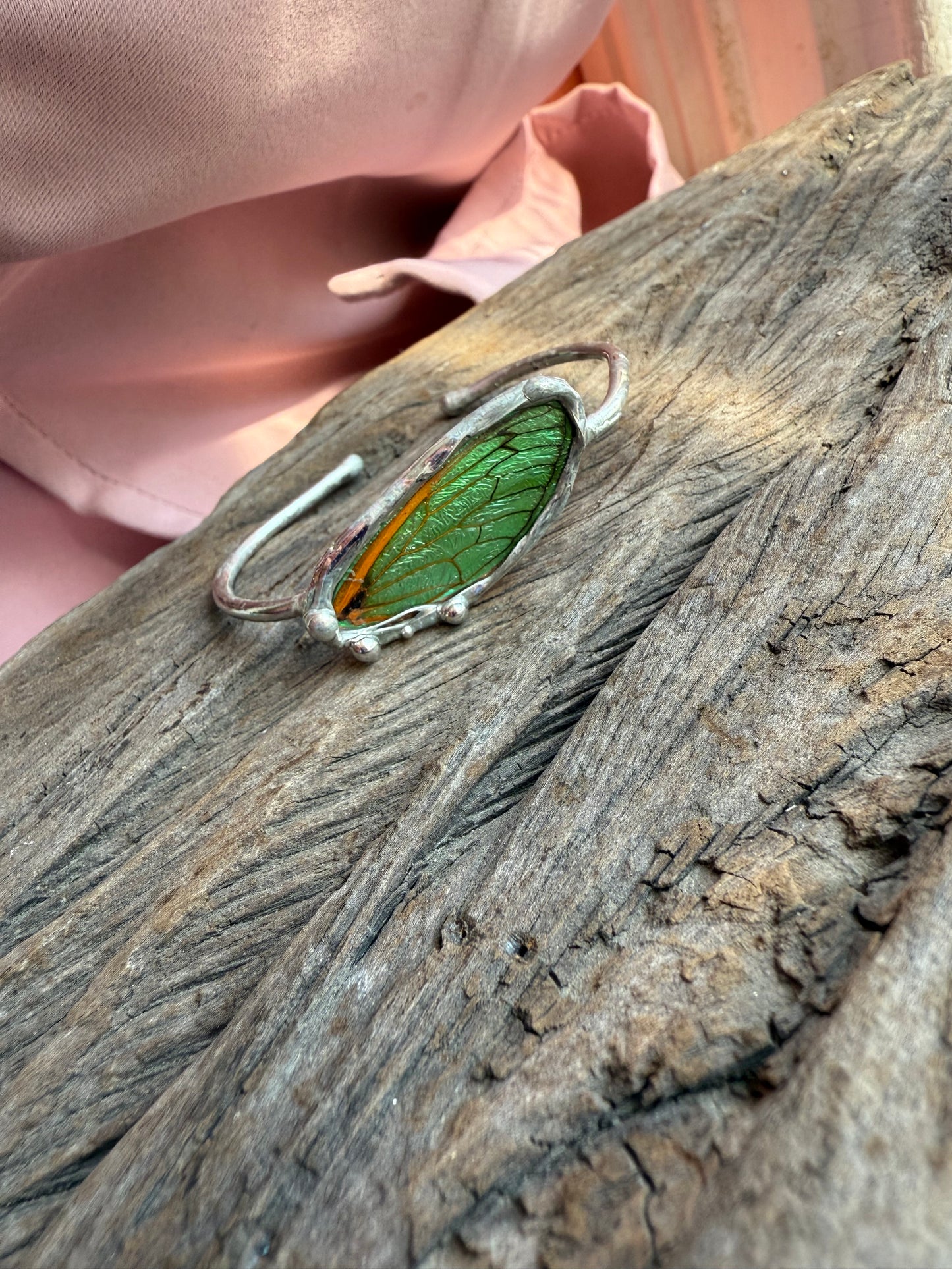 17-Year Cicada Wing Bracelet Cuff with Green Iridescence | Real Insect Jewelry | Nature-Inspired Gift | Made to Order