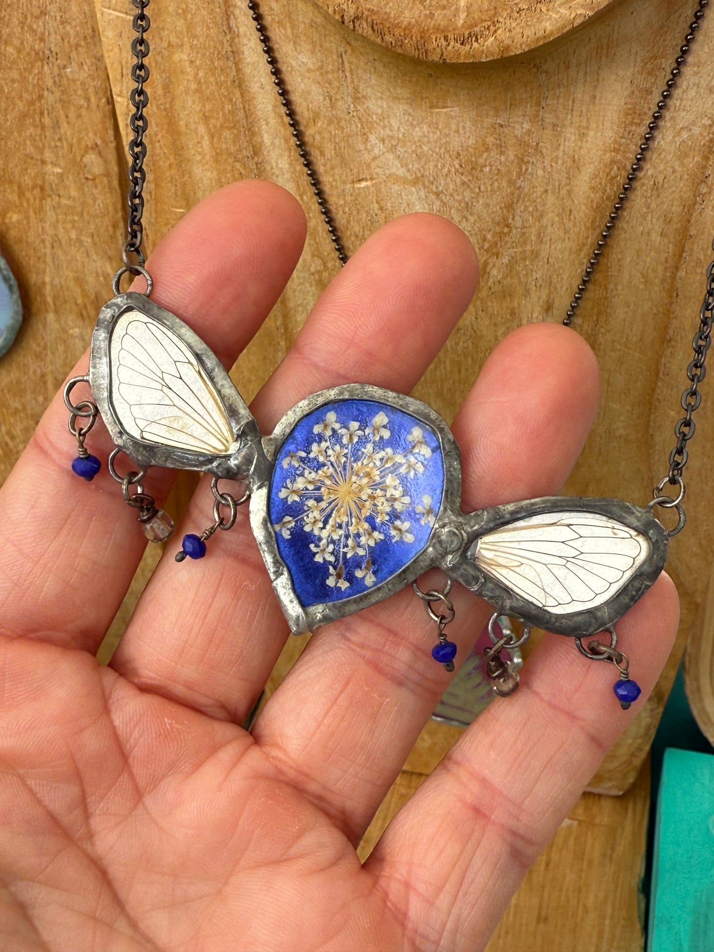 🦋 “Lapis Wings” Necklace – Dog-Day Cicada Wings, Queen Anne’s Lace & Resin lapis Dangles