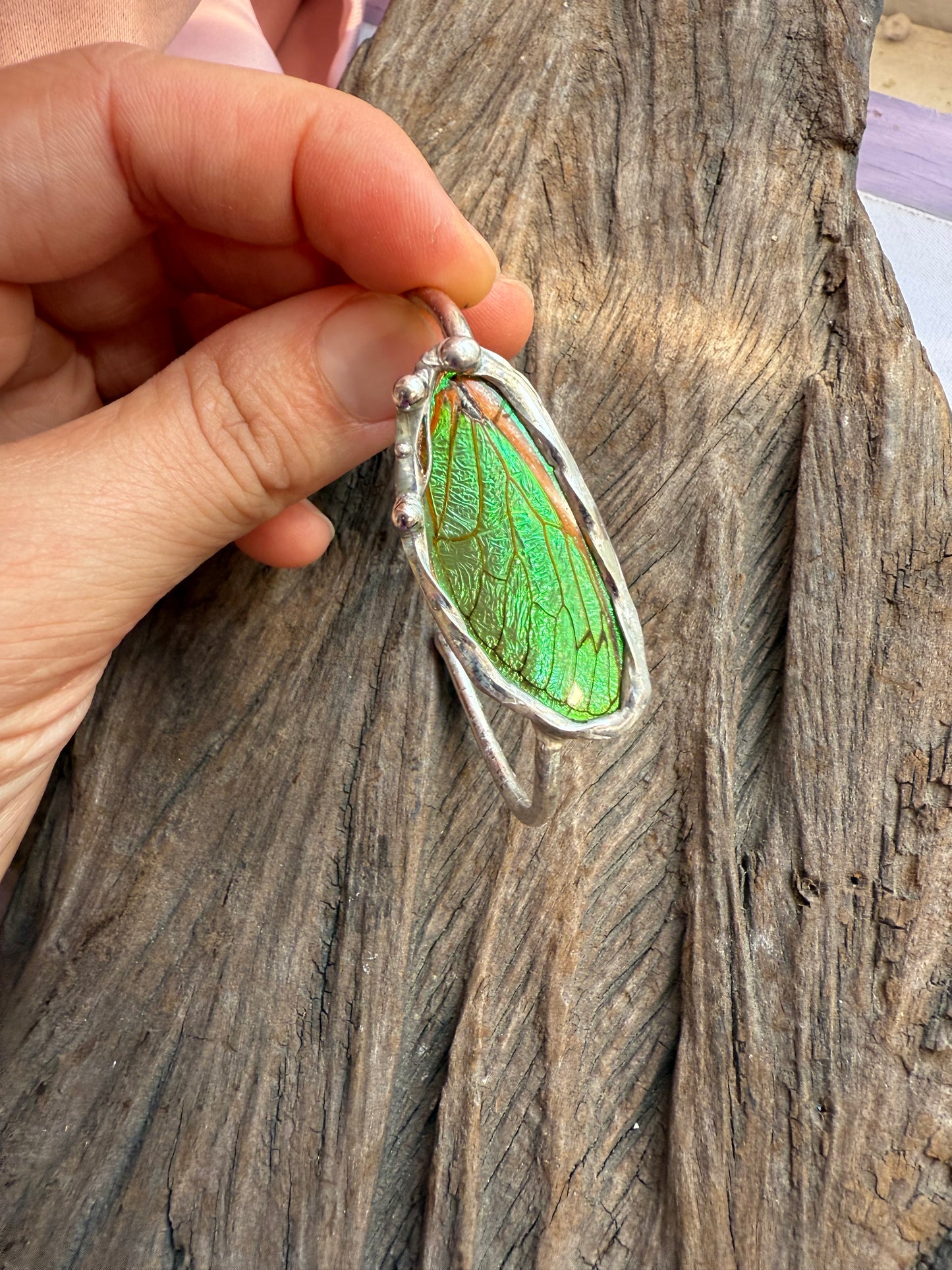 17-Year Cicada Wing Bracelet Cuff with Green Iridescence | Real Insect Jewelry | Nature-Inspired Gift | Made to Order