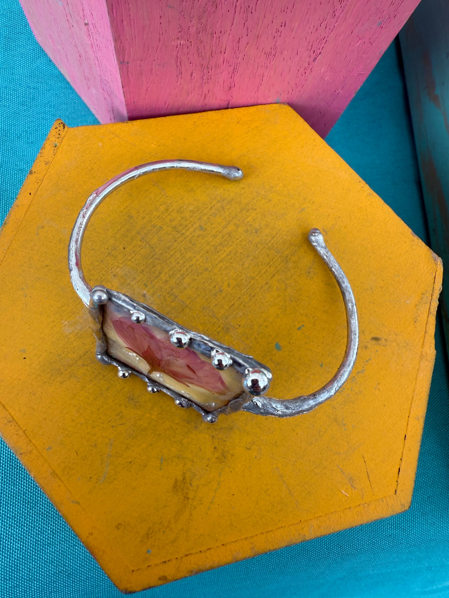 “Iridescent Sakura” Cuff – Real Cherry Blossom & Rainbow Glass Bracelet