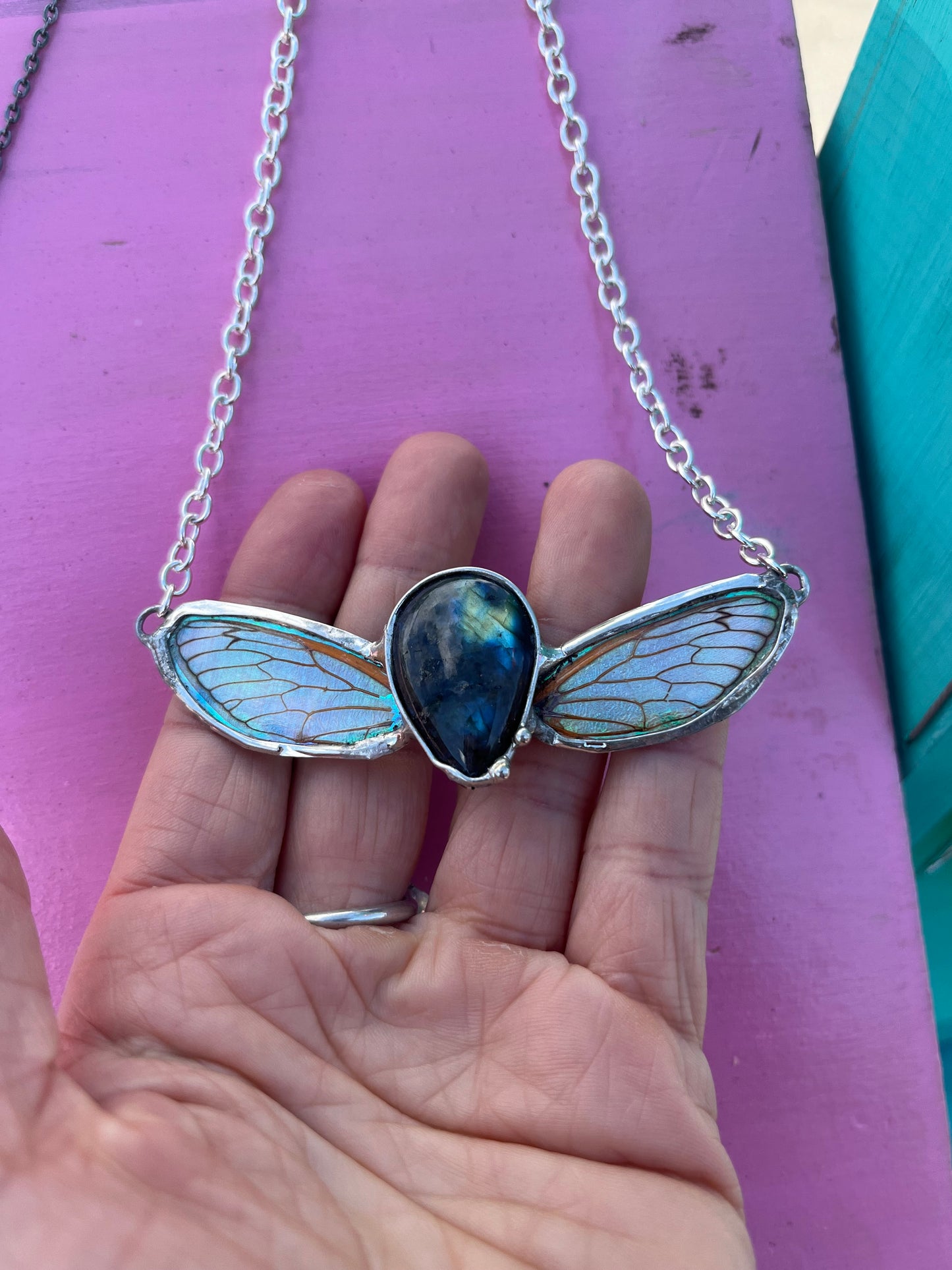 Double Iridescent Cicada Wing Necklace with Teardrop Labradorite – Ethereal Nature Jewelry
