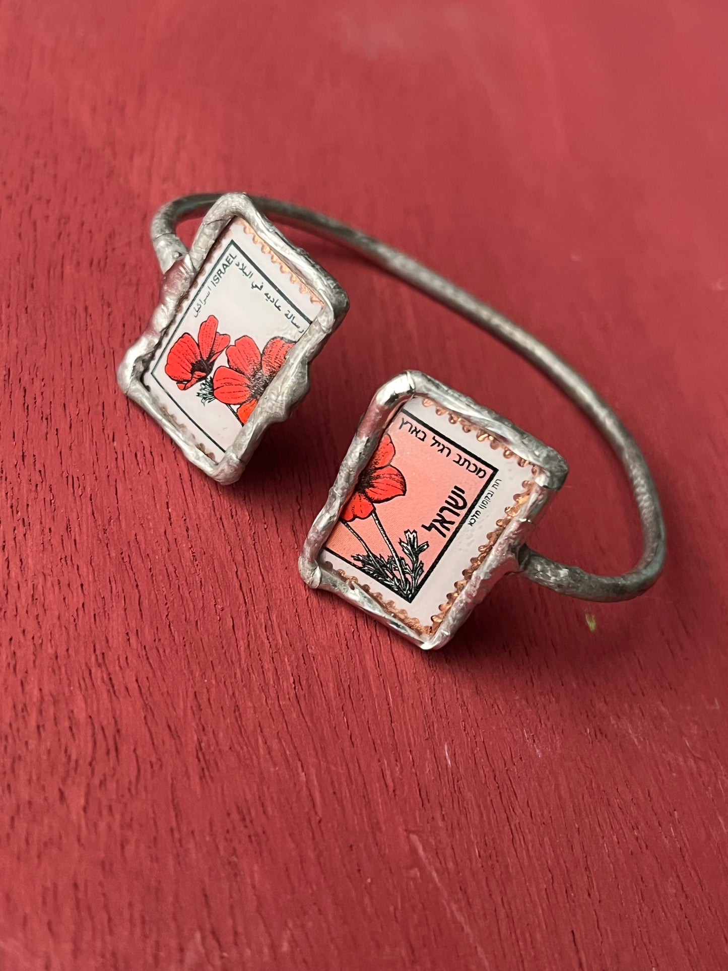 Israel Poppy Kalaniot Postage Stamp double cuff bracelet