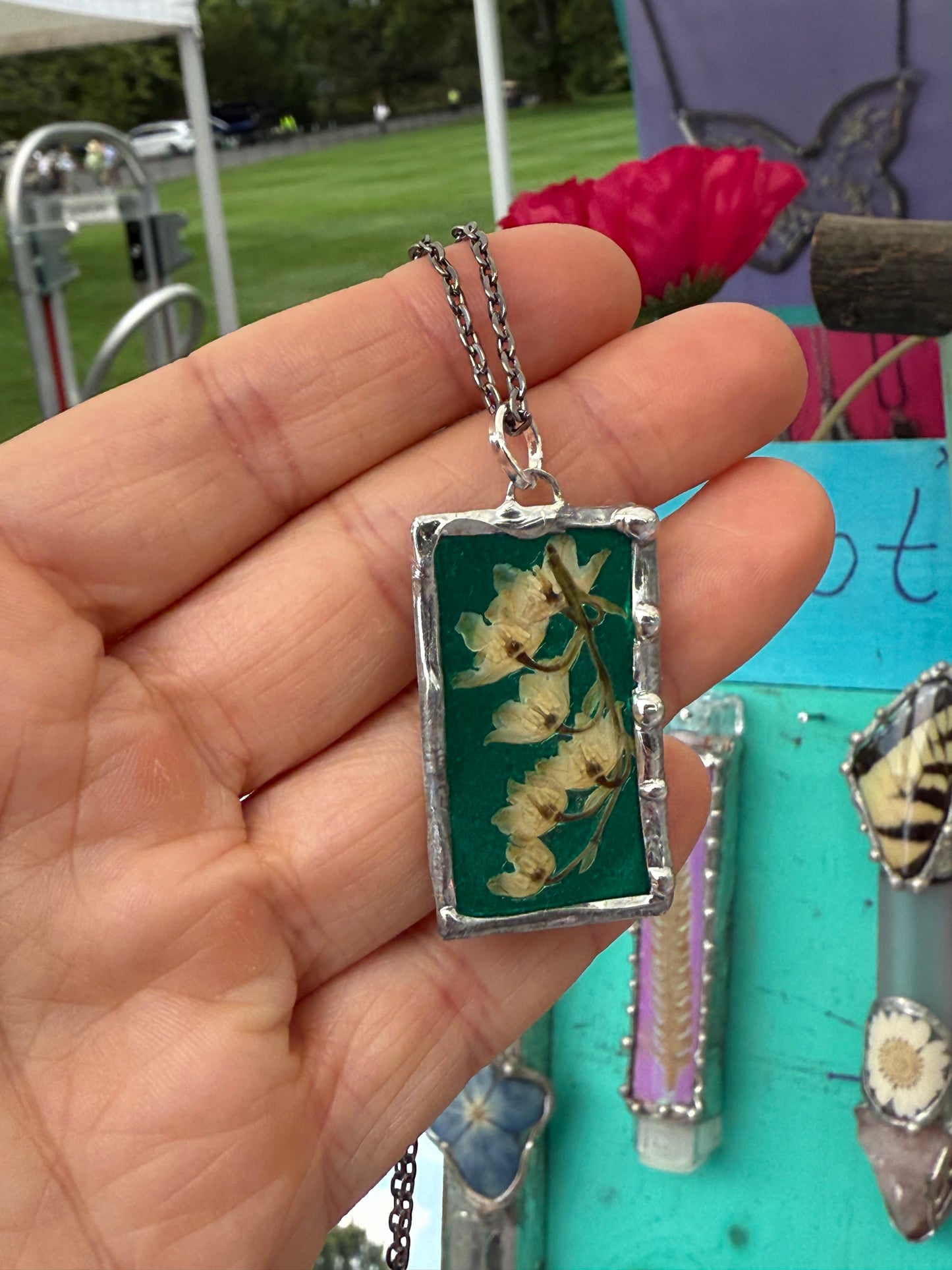 🌿 “Forest Whisper” Necklace – Lily of the Valley in Emerald Resin