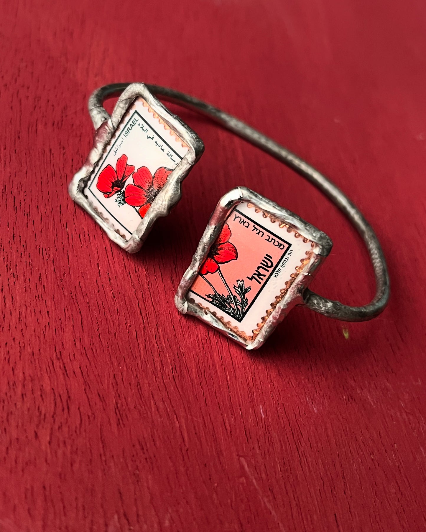 Israel Poppy Kalaniot Postage Stamp double cuff bracelet