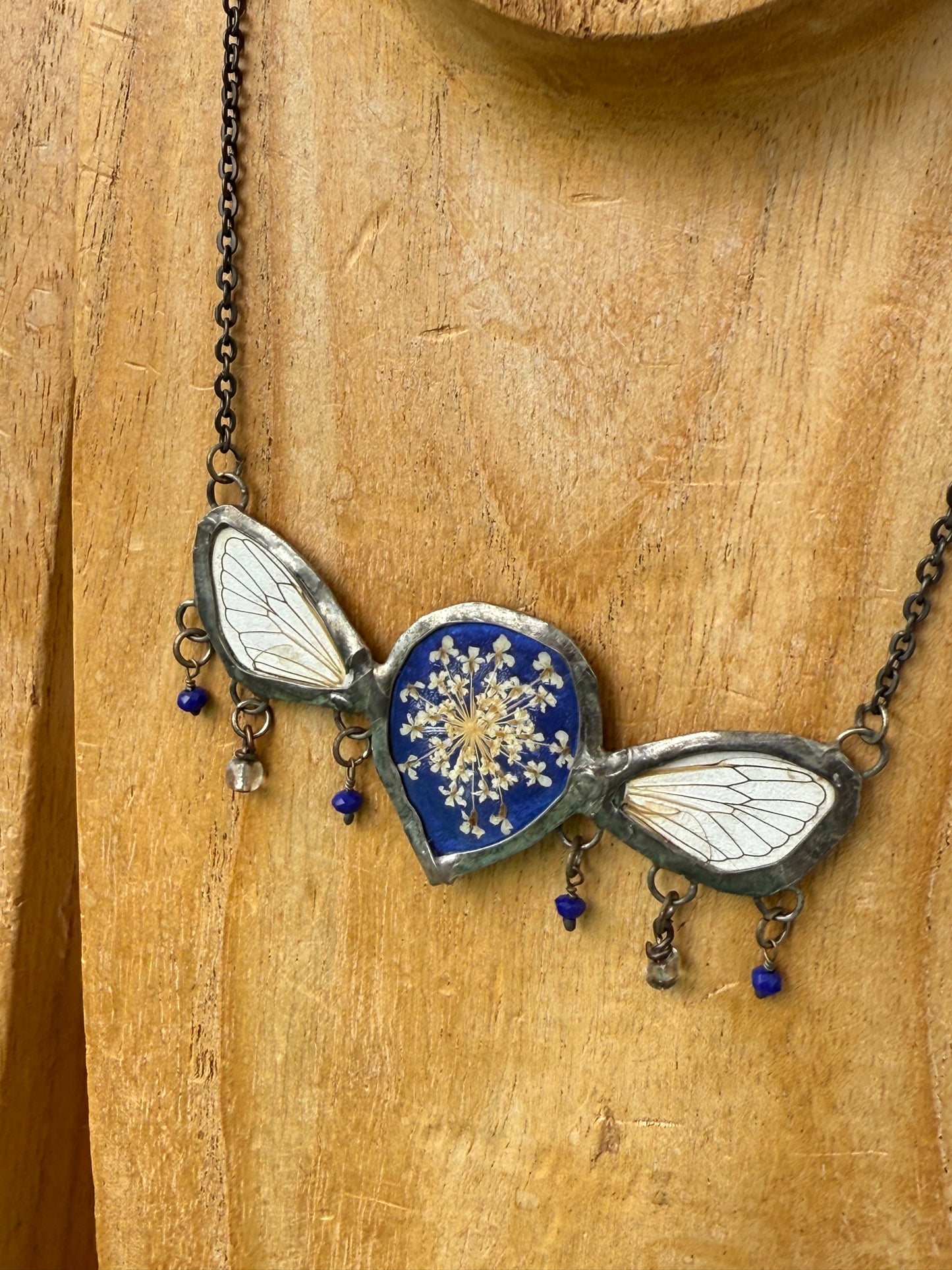 🦋 “Lapis Wings” Necklace – Dog-Day Cicada Wings, Queen Anne’s Lace & Resin lapis Dangles