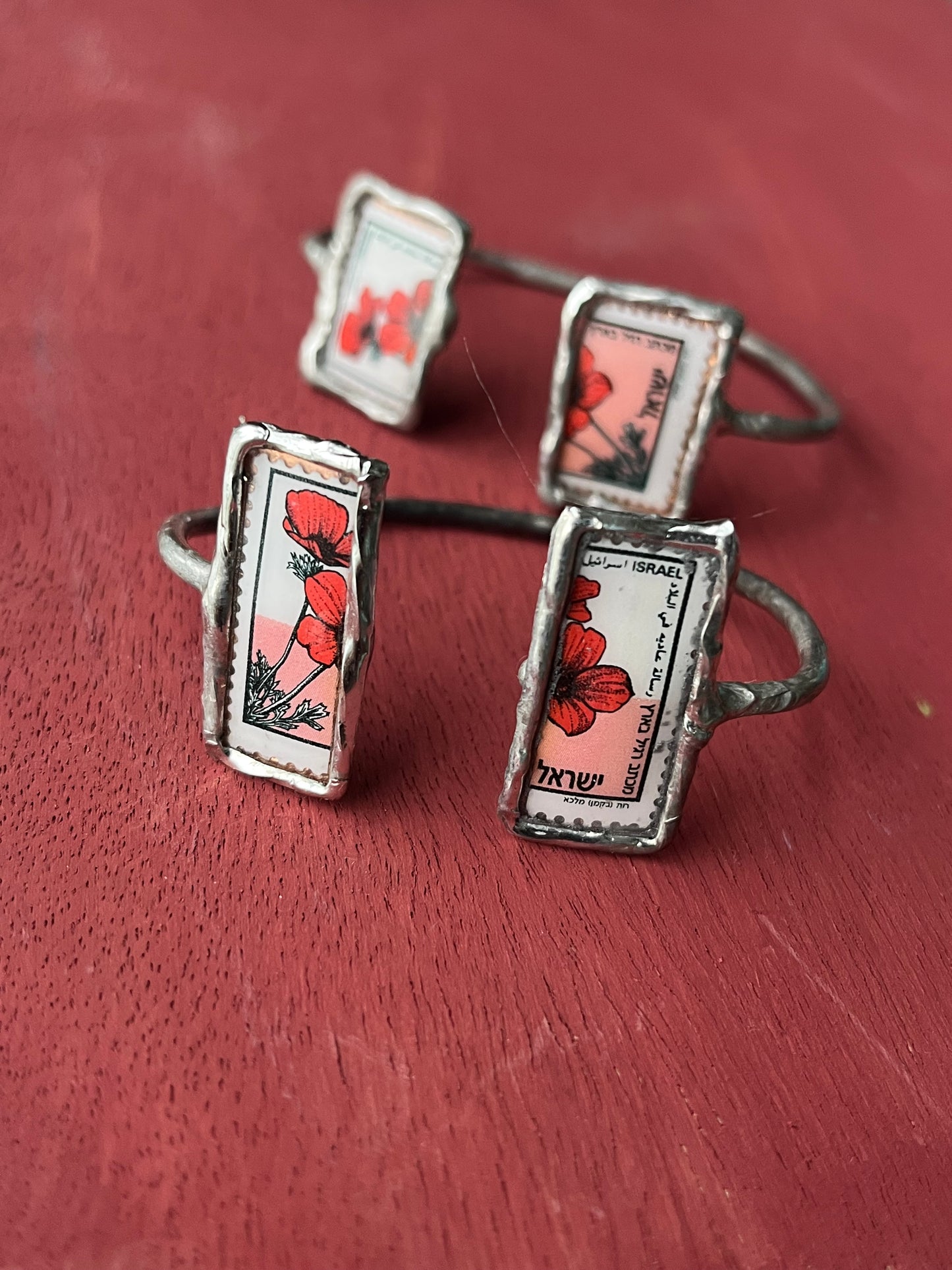 Israel Poppy Kalaniot Postage Stamp double cuff bracelet