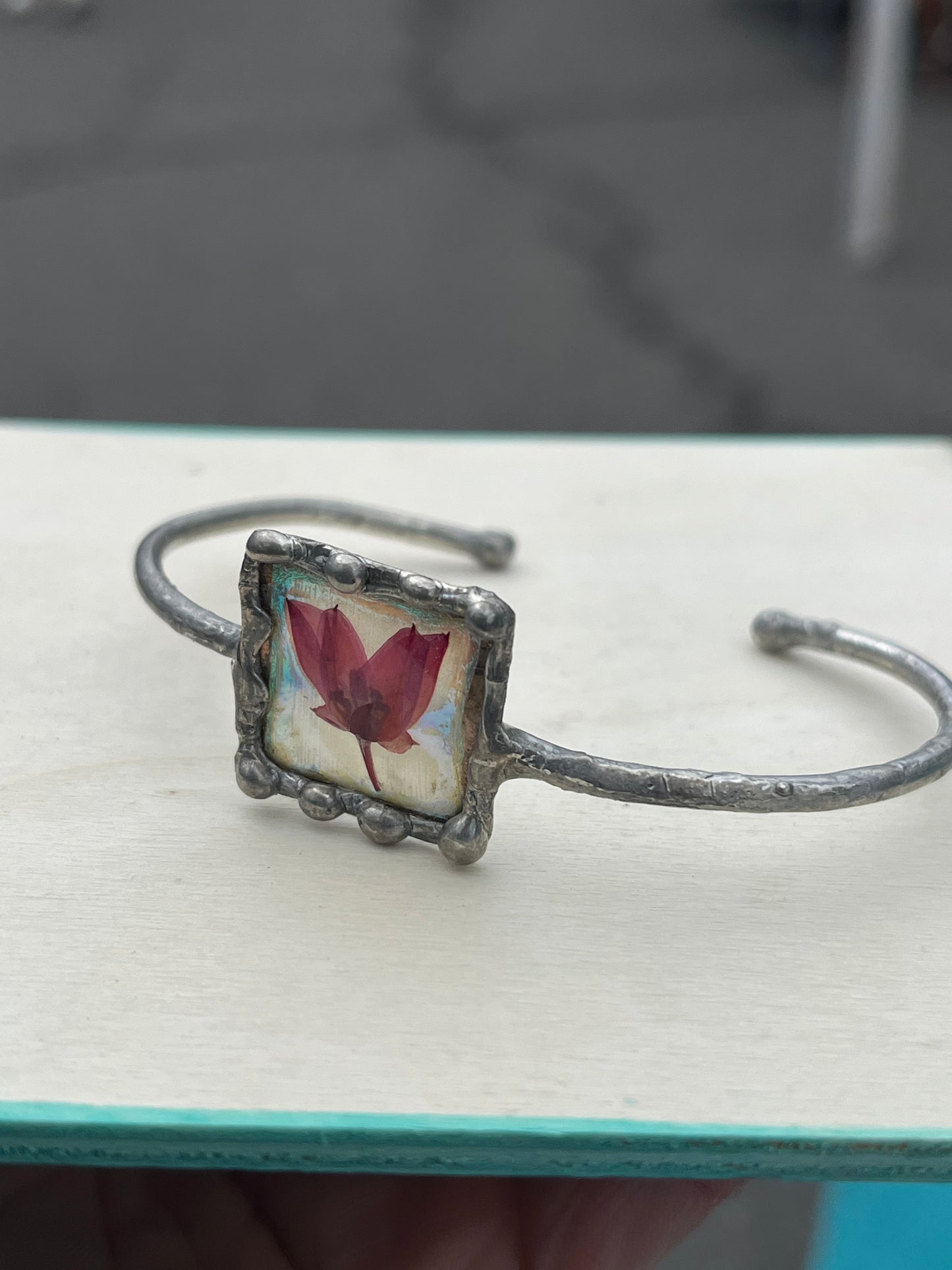 Pressed Boronia Flower Resin Cuff – Iridescent Botanical Jewelry