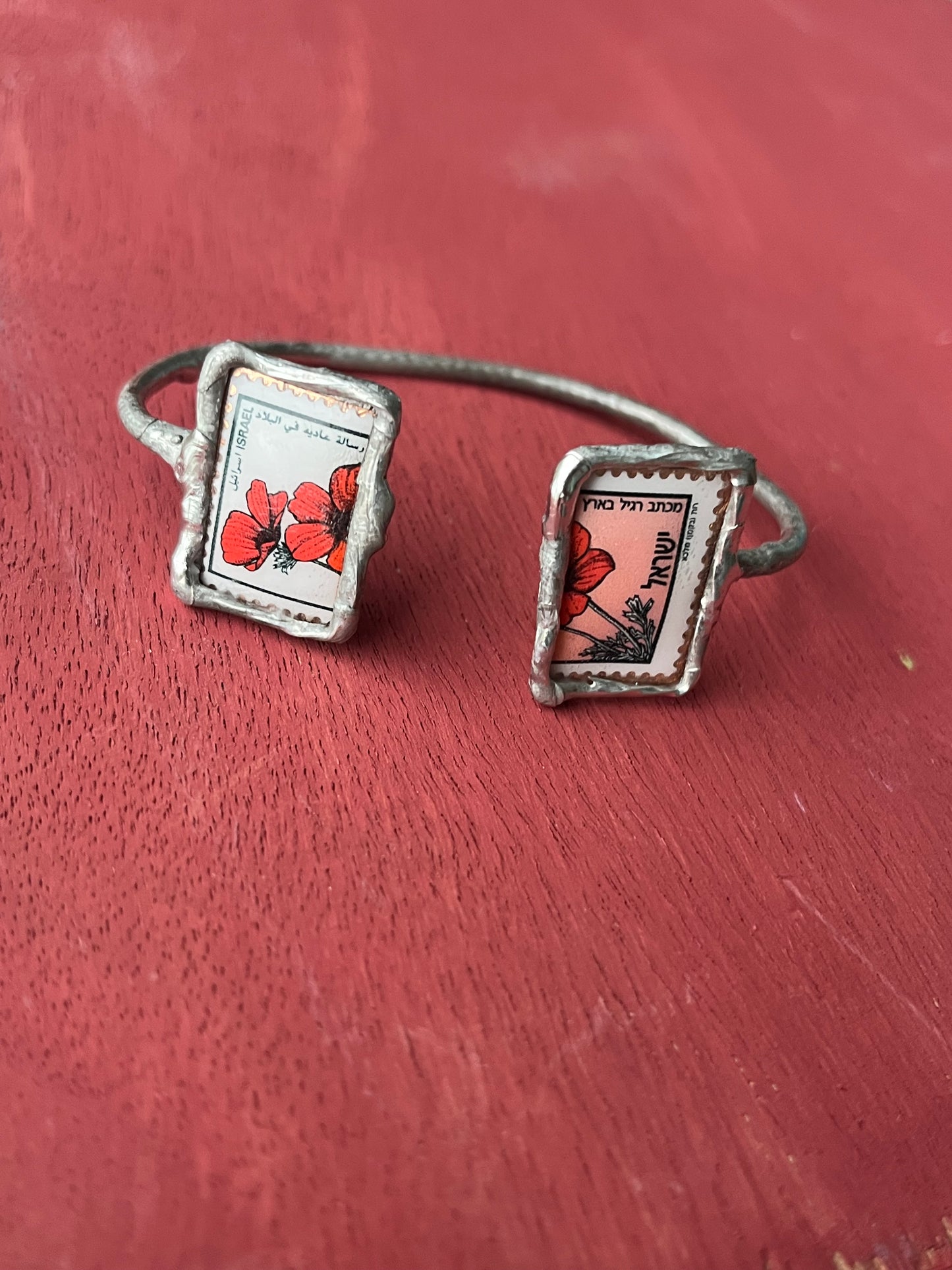 Israel Poppy Kalaniot Postage Stamp double cuff bracelet