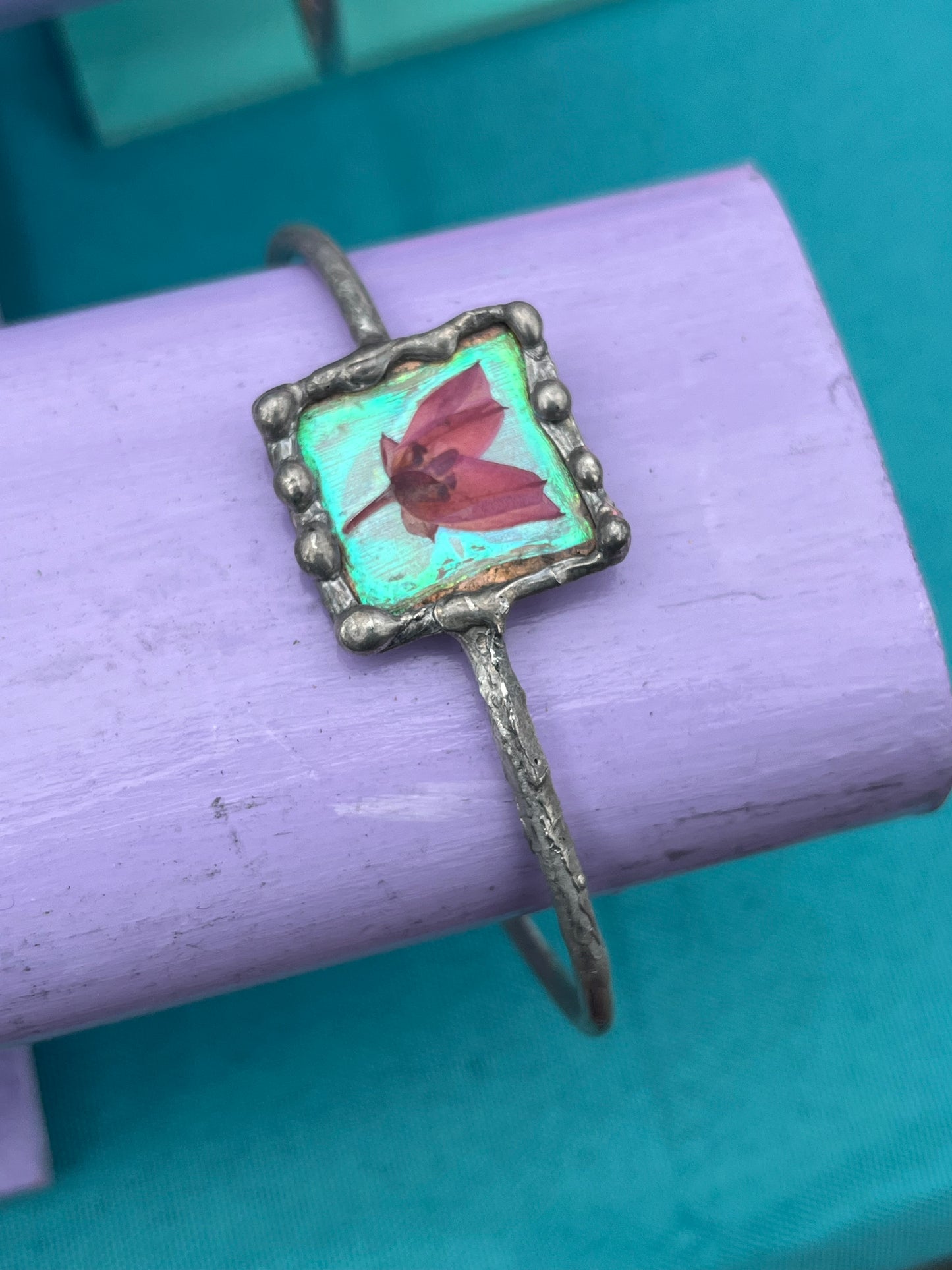 Pressed Boronia Flower Resin Cuff – Iridescent Botanical Jewelry