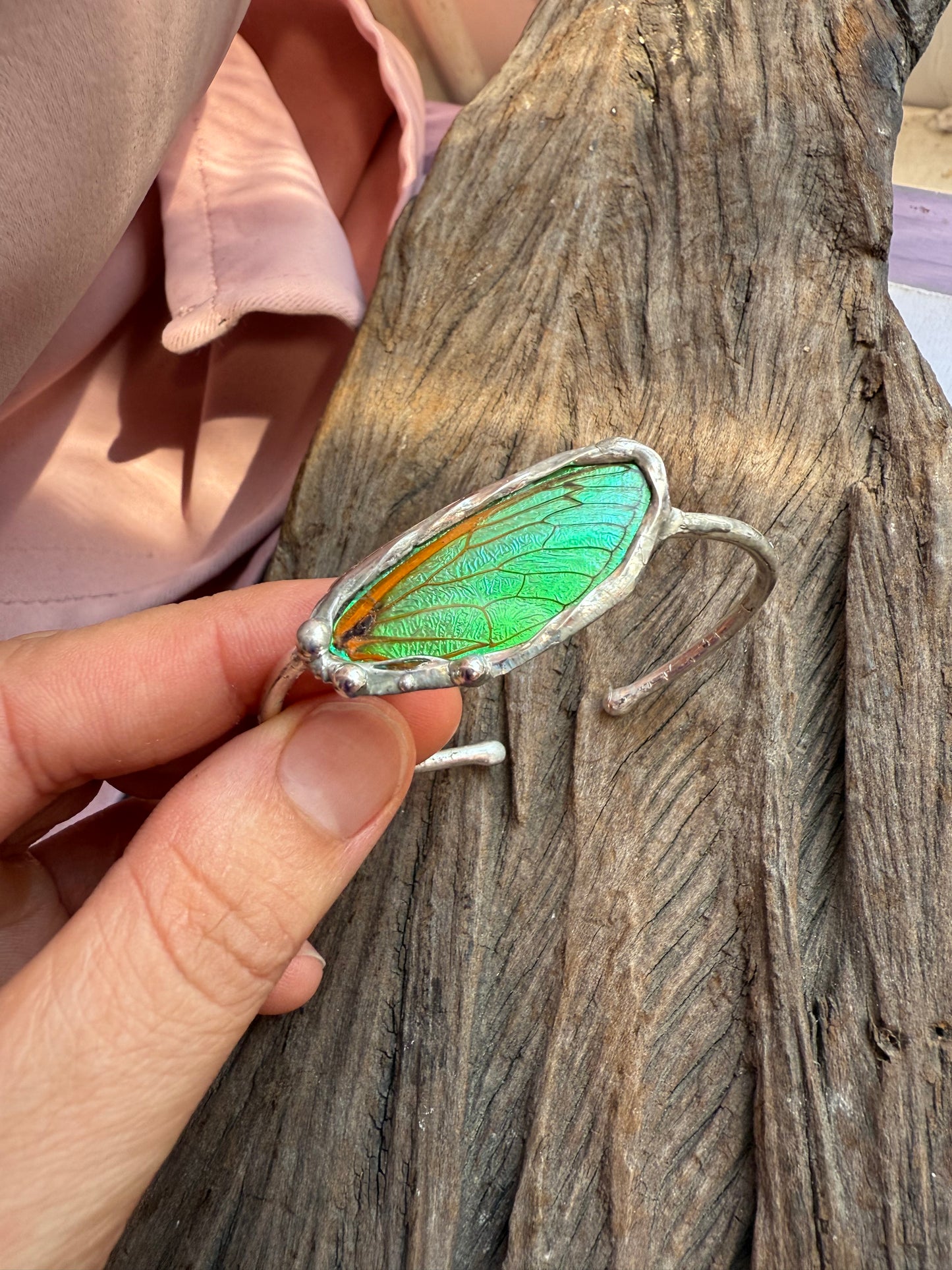17-Year Cicada Wing Bracelet Cuff with Green Iridescence | Real Insect Jewelry | Nature-Inspired Gift | Made to Order