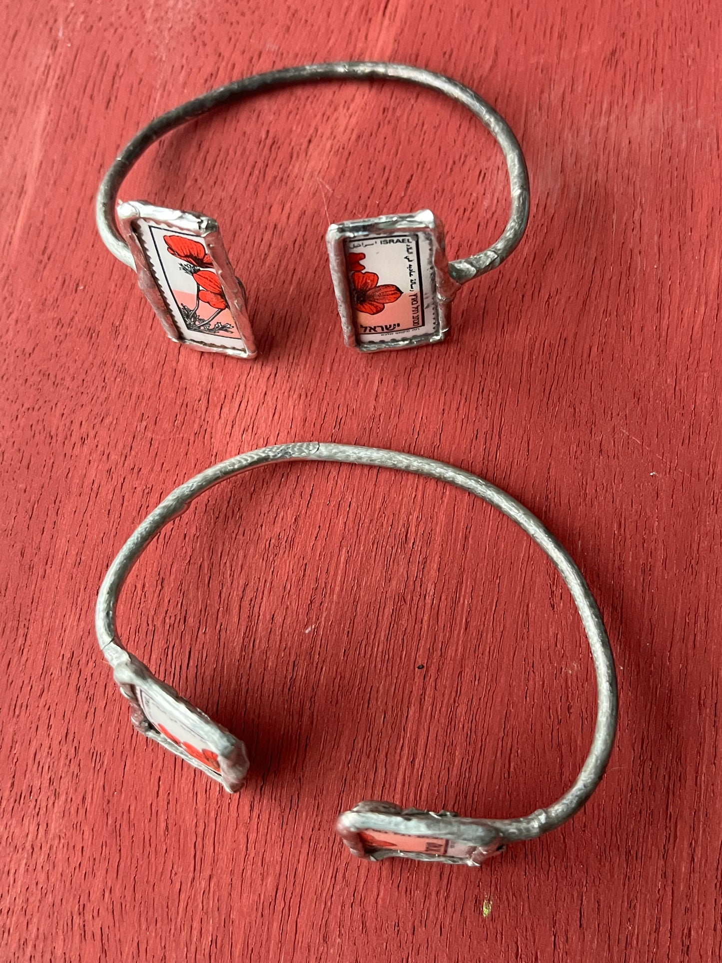Israel Poppy Kalaniot Postage Stamp double cuff bracelet