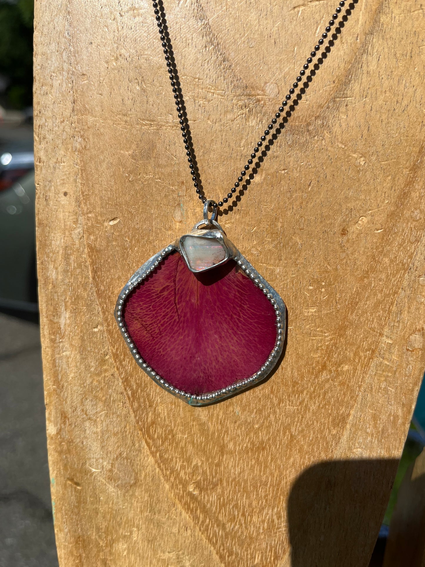Red Rose Petal Necklace with Raw Ethiopian Opal – Romantic Nature Statement Jewelry