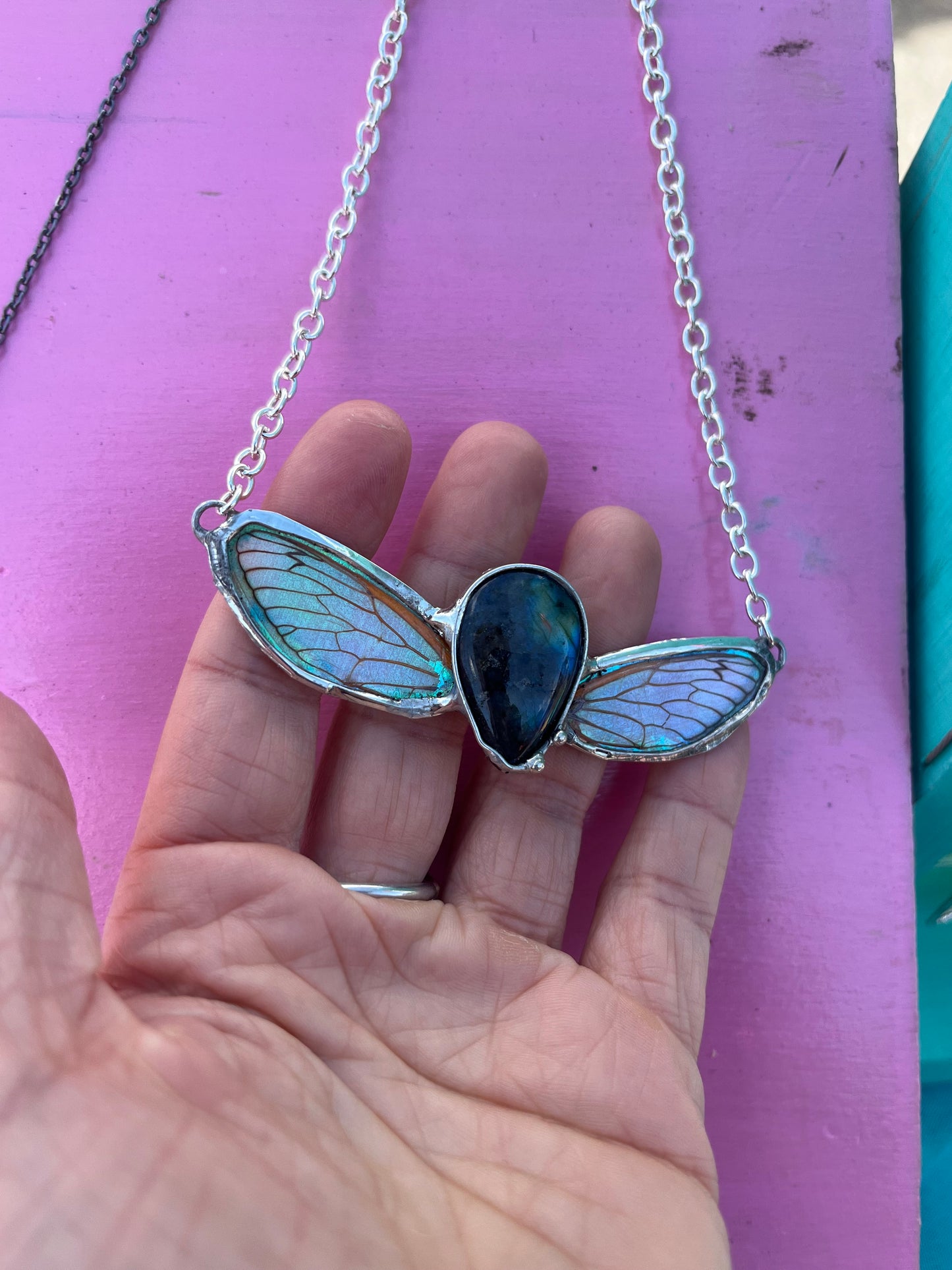 Double Iridescent Cicada Wing Necklace with Teardrop Labradorite – Ethereal Nature Jewelry