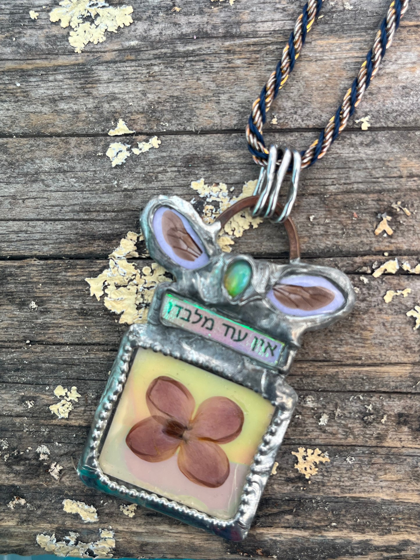 “אין עוד מלבדו” Necklace with Bee Wings, Opal & Pansy – Hebrew Jewelry