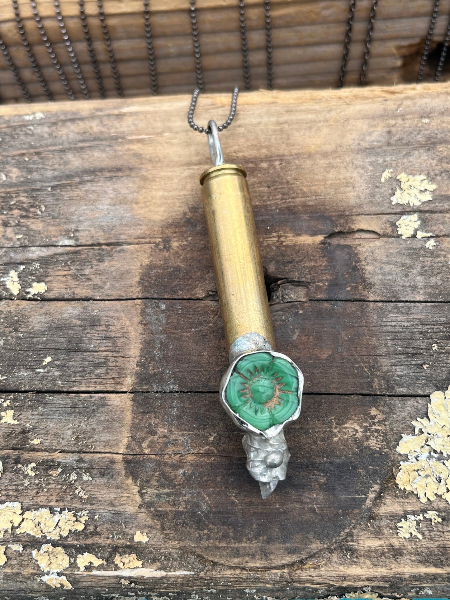 Bullet Casing Necklace with Czech Glass Green Flower and Quartz – Unique Mixed Media Jewelry