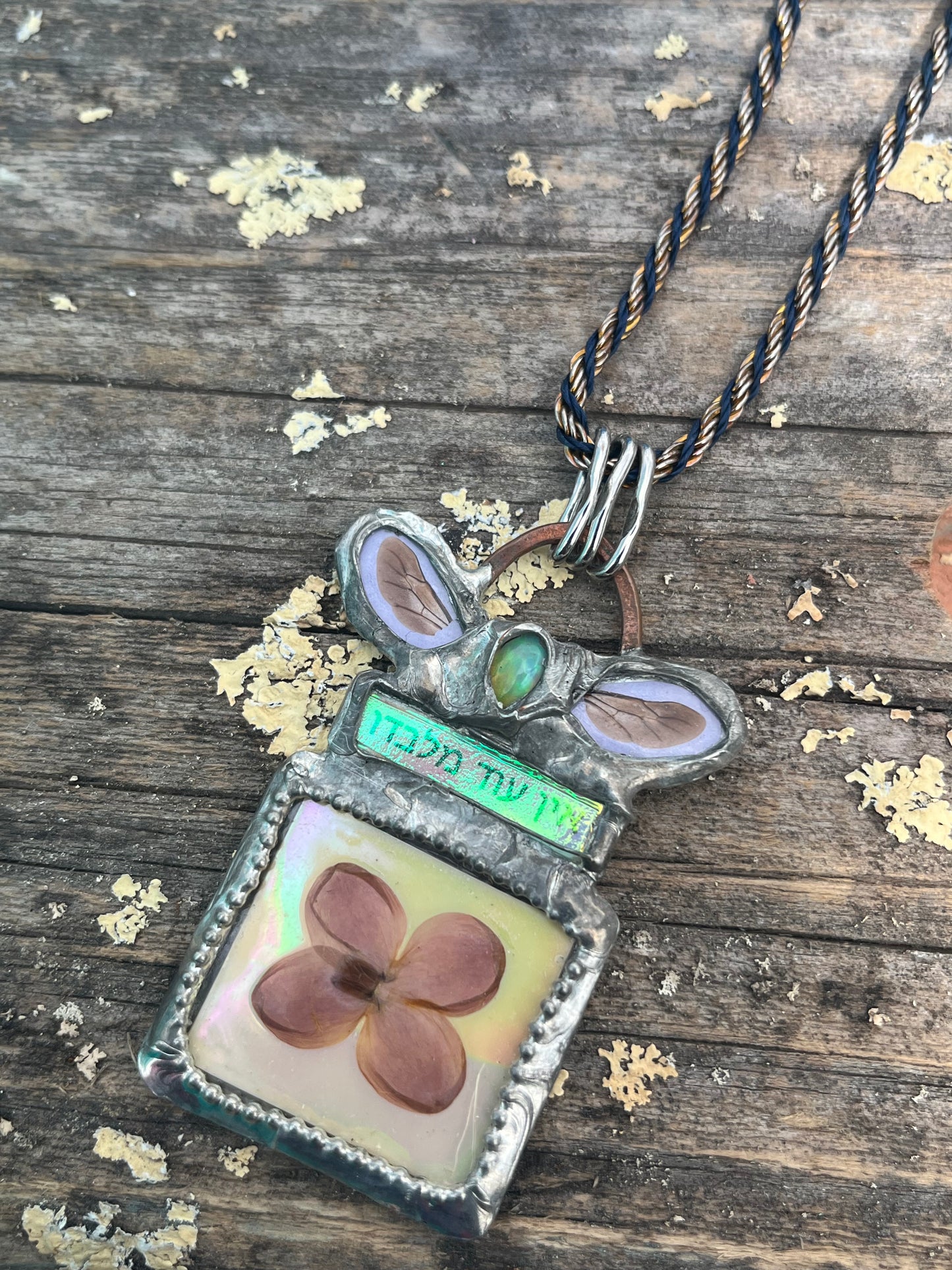 “אין עוד מלבדו” Necklace with Bee Wings, Opal & Pansy – Hebrew Jewelry
