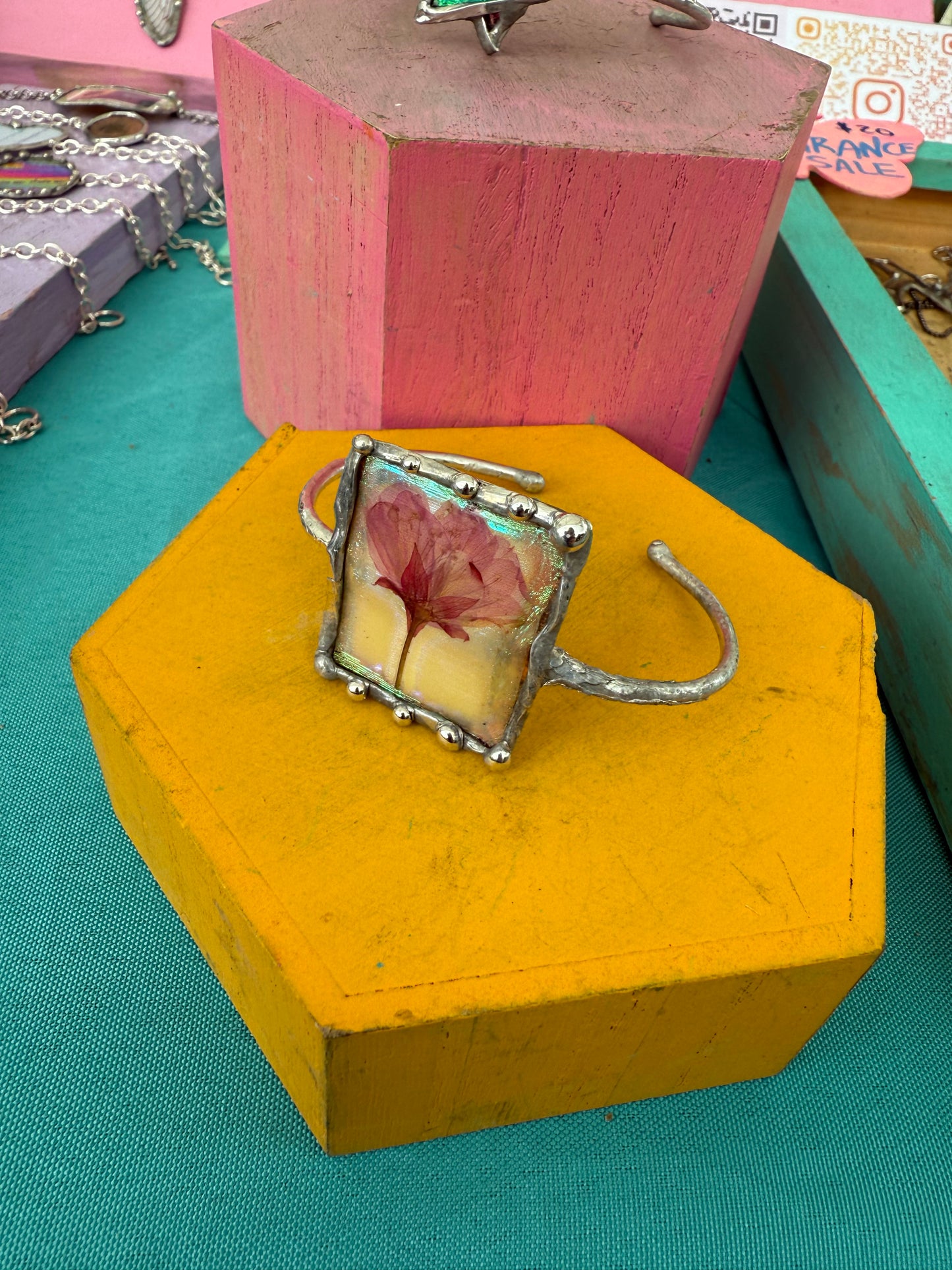 “Iridescent Sakura” Cuff – Real Cherry Blossom & Rainbow Glass Bracelet