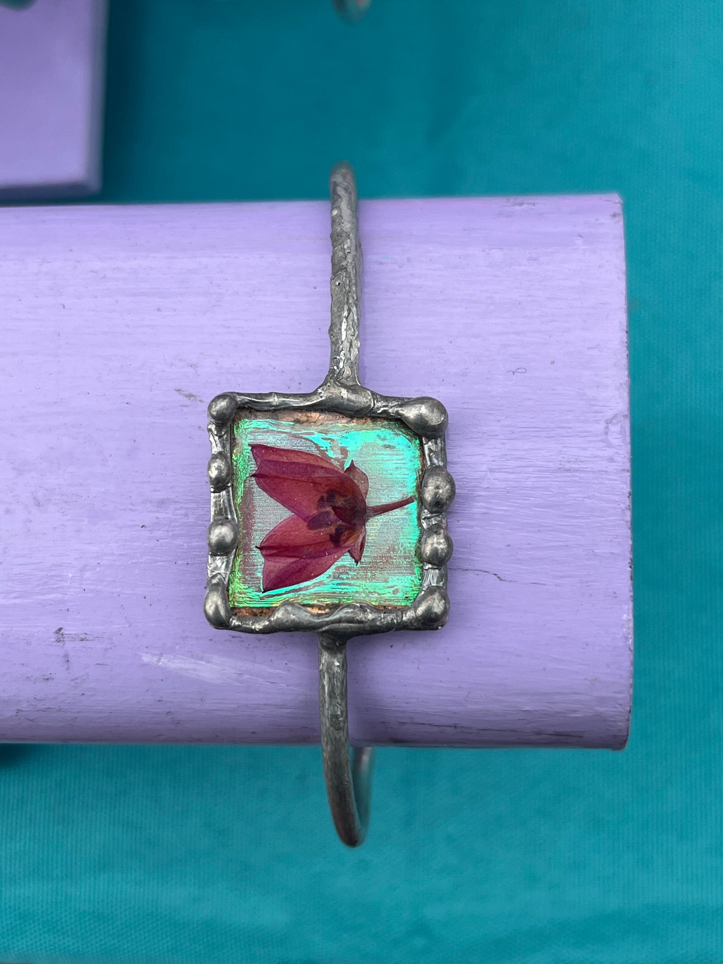 Pressed Boronia Flower Resin Cuff – Iridescent Botanical Jewelry
