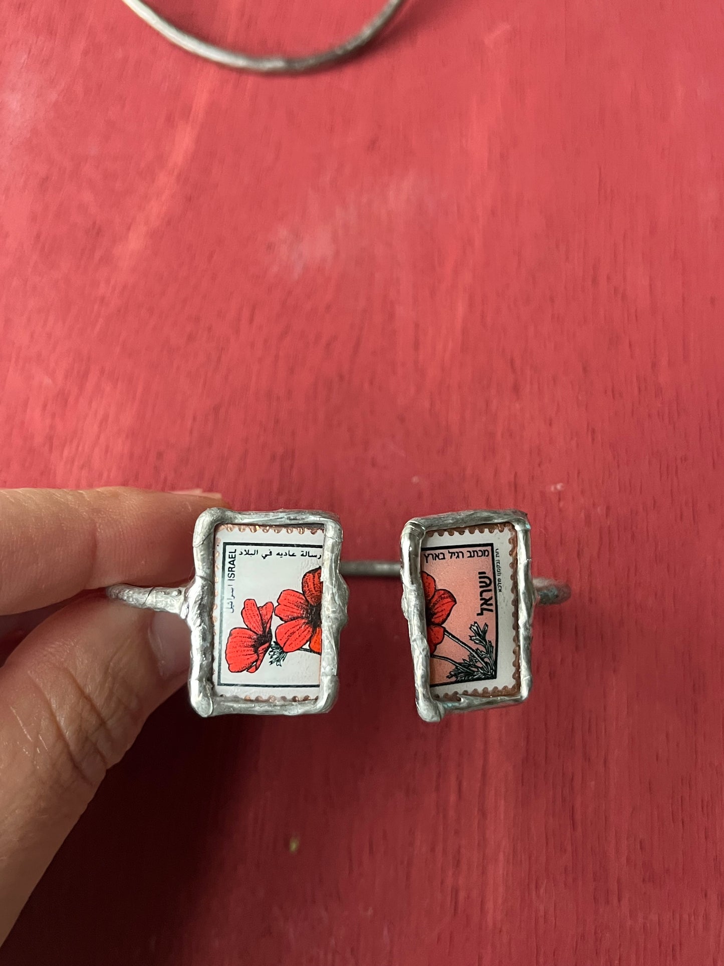 Israel Poppy Kalaniot Postage Stamp double cuff bracelet