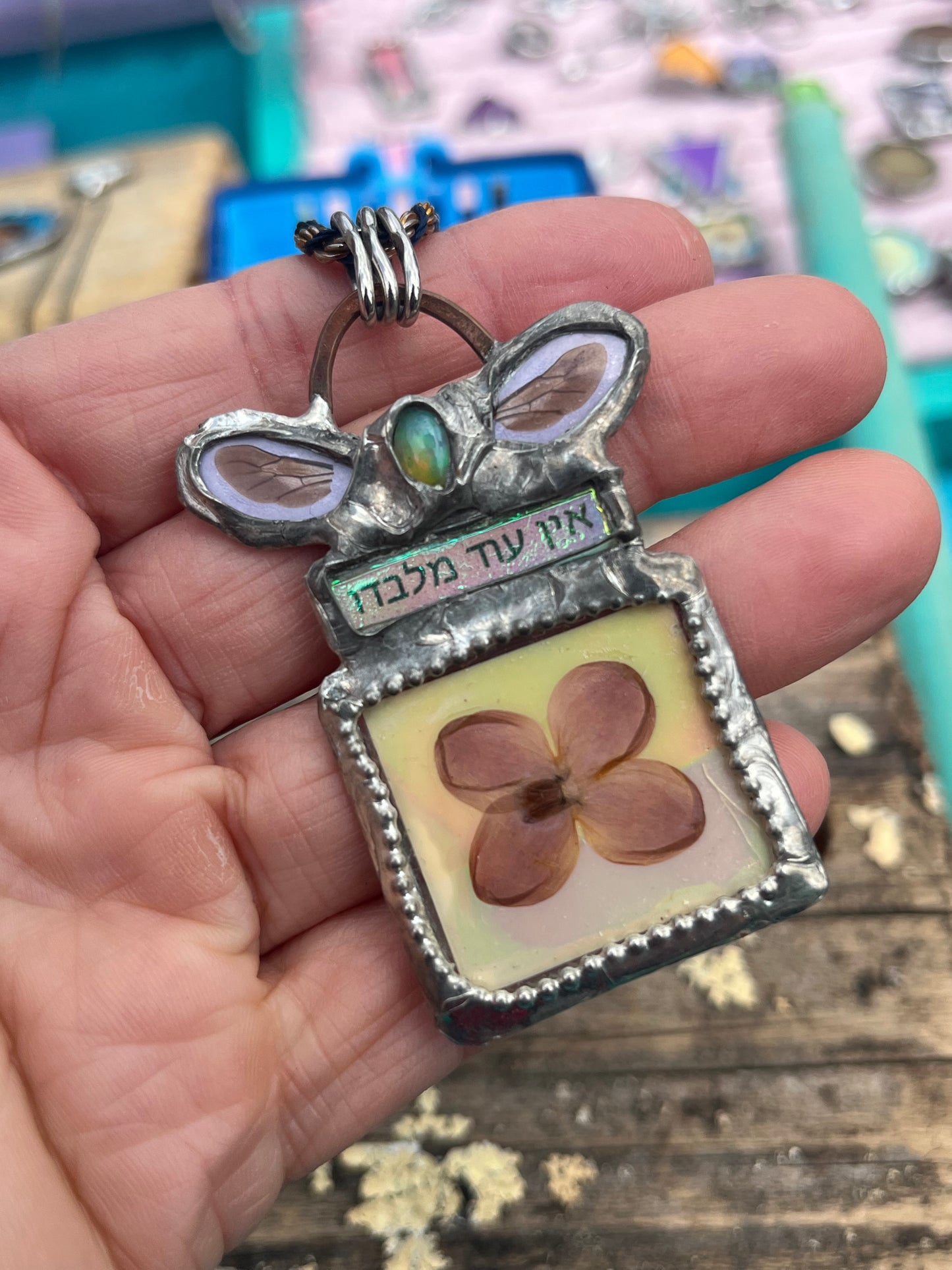 “אין עוד מלבדו” Necklace with Bee Wings, Opal & Pansy – Hebrew Jewelry