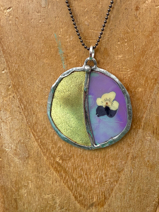 🌙 “Celestial Bloom” Necklace – Pressed Pansy on Iridescent Resins with Golden Moon