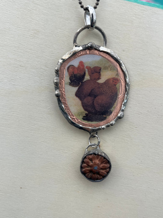 Vintage Chicken Illustration Necklace with Copper Background & Dangling Czech Glass Dahlia – Farmhouse Folk Art Jewelry