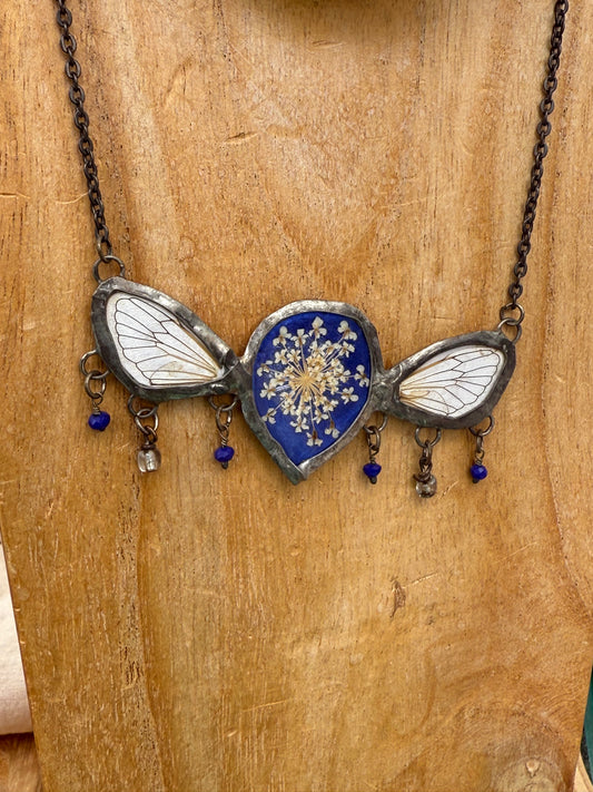 🦋 “Lapis Wings” Necklace – Dog-Day Cicada Wings, Queen Anne’s Lace & Resin lapis Dangles