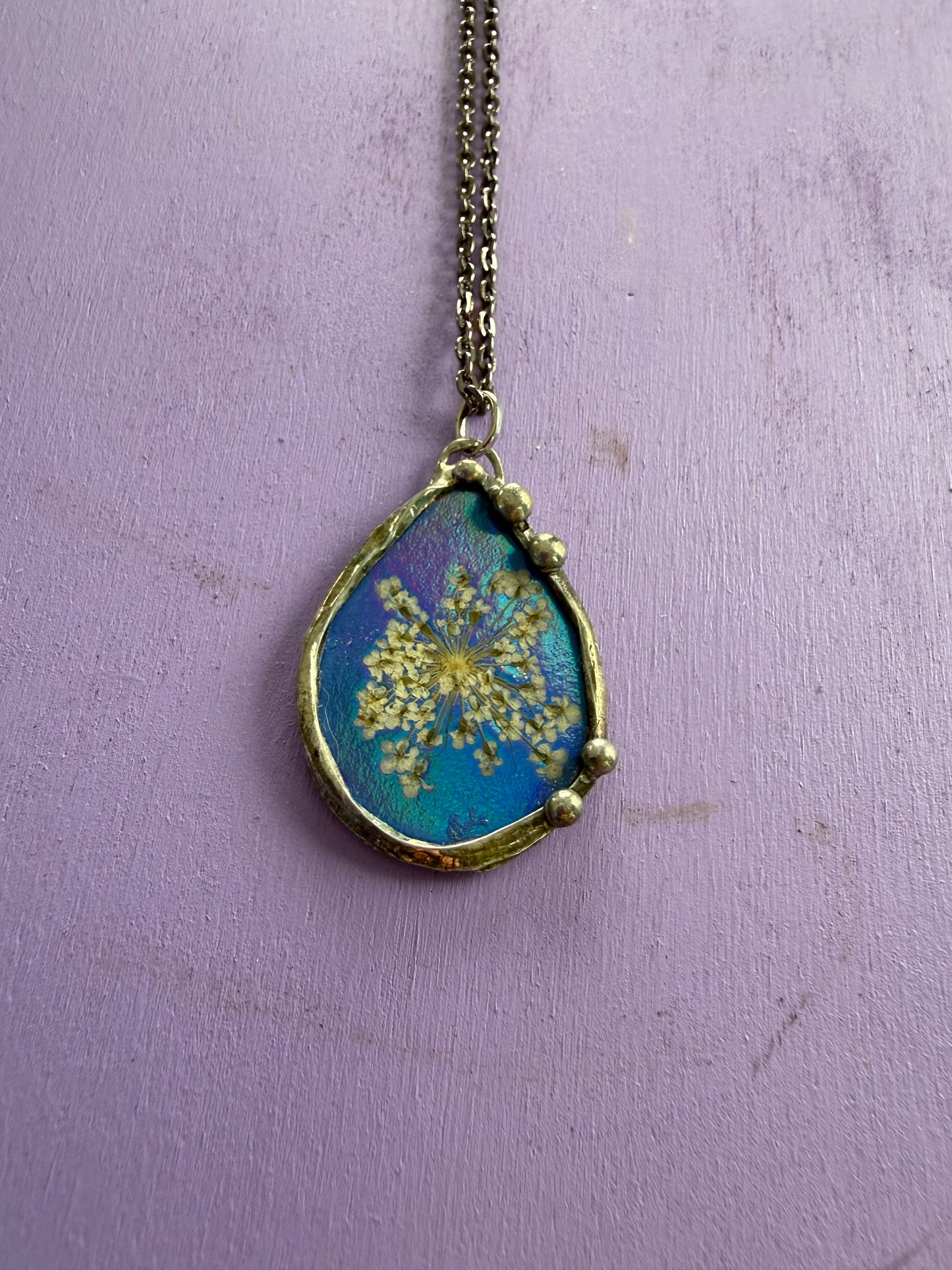 Queen Anne’s Lace Flower Necklace with Shiny Blue Background