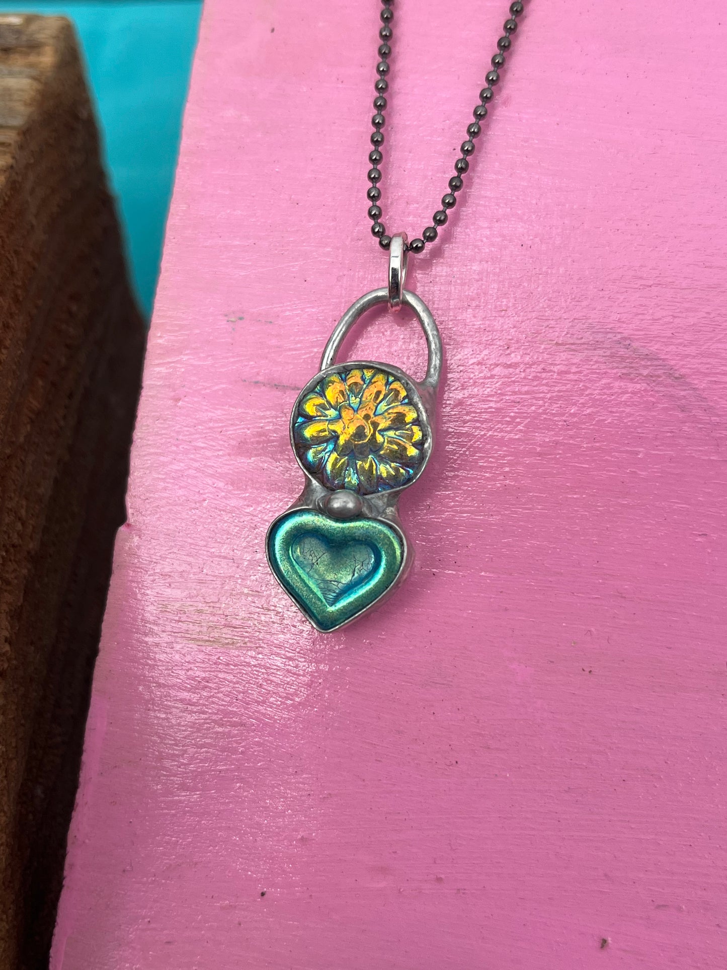 Czech Glass Heart Necklace with Czech Glass Dahlia Pendant – Handmade Elegant Jewelry