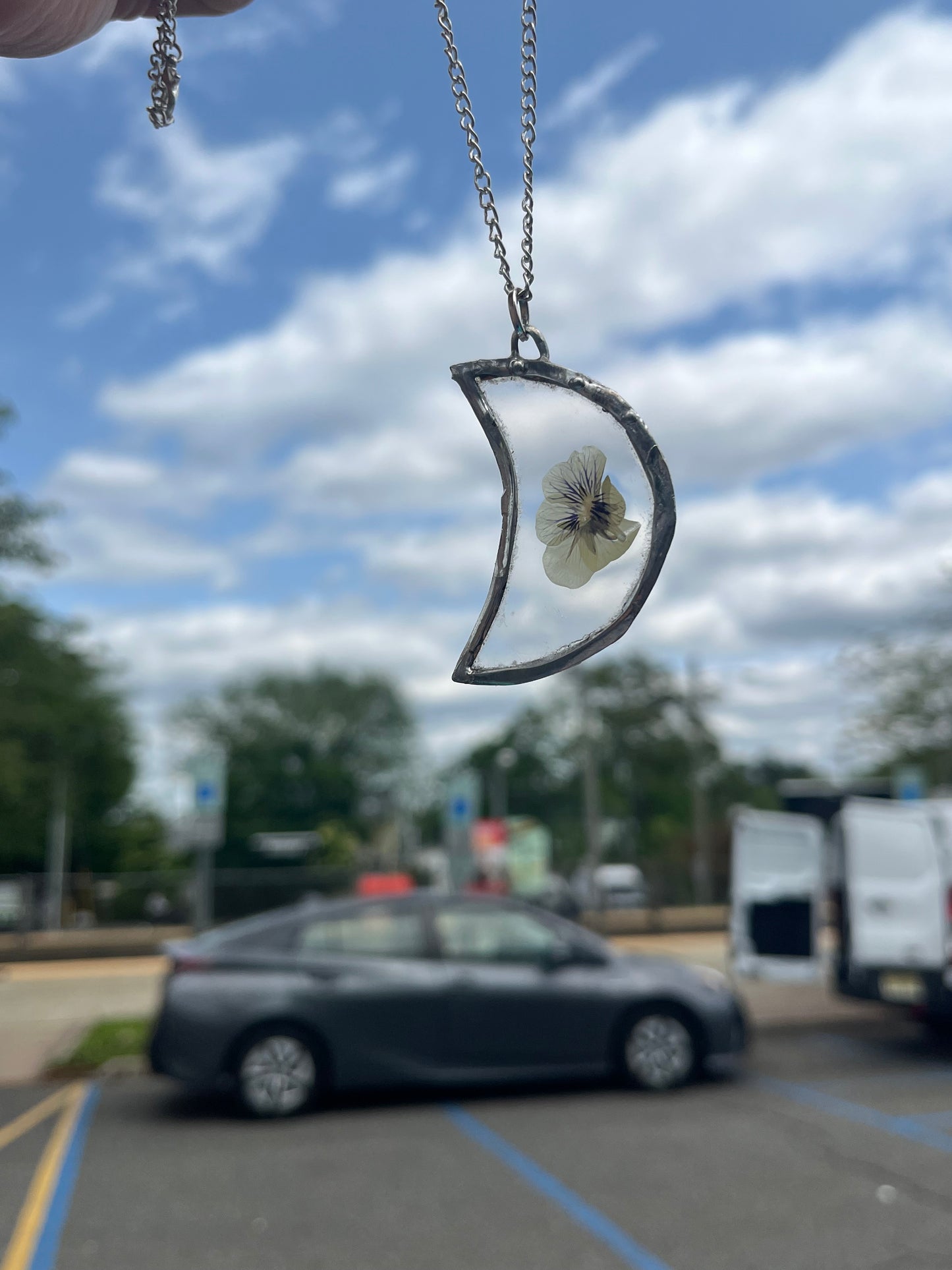 Pansy Flower Crescent Moon Necklace – Resin Botanical Jewelry