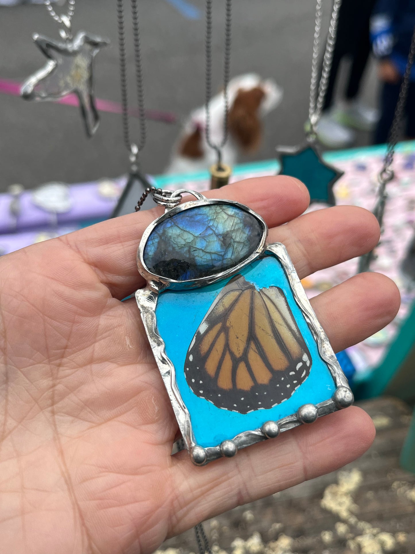 Labradorite Necklace with Monarch Butterfly Wing and Iridescent Accents – Nature-Inspired Elegance