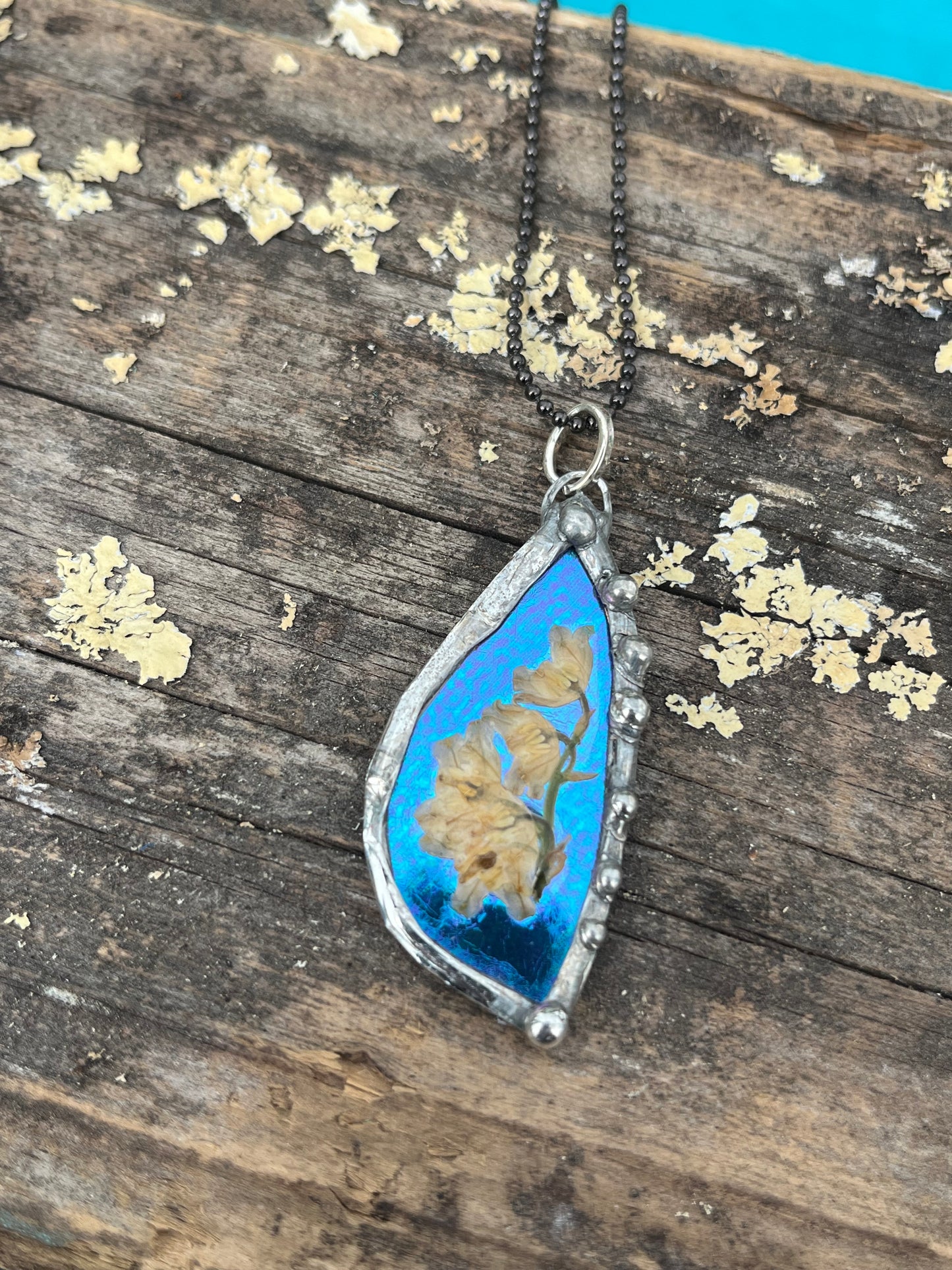 Lily of the Valley Necklace – Blue Shimmer Resin Pendant