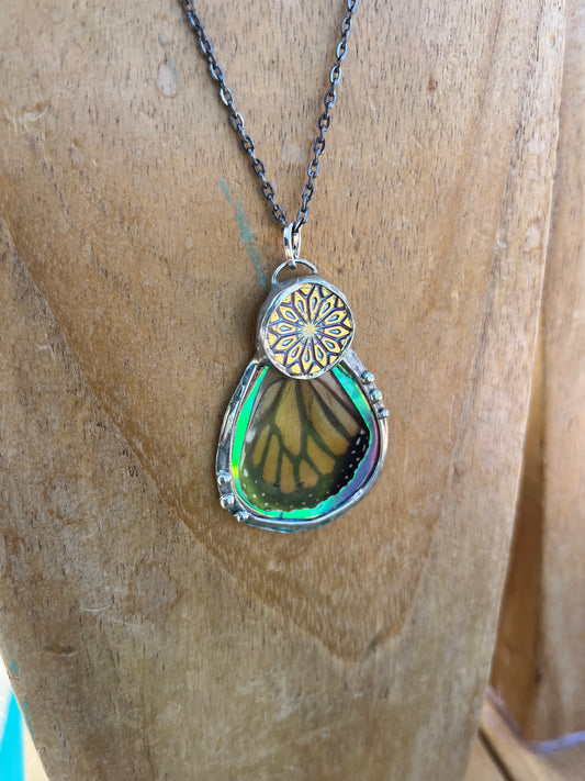 Monarch Butterfly Wing Necklace with Iridescent Finish and Czech Glass – Nature-Inspired Statement Jewelry