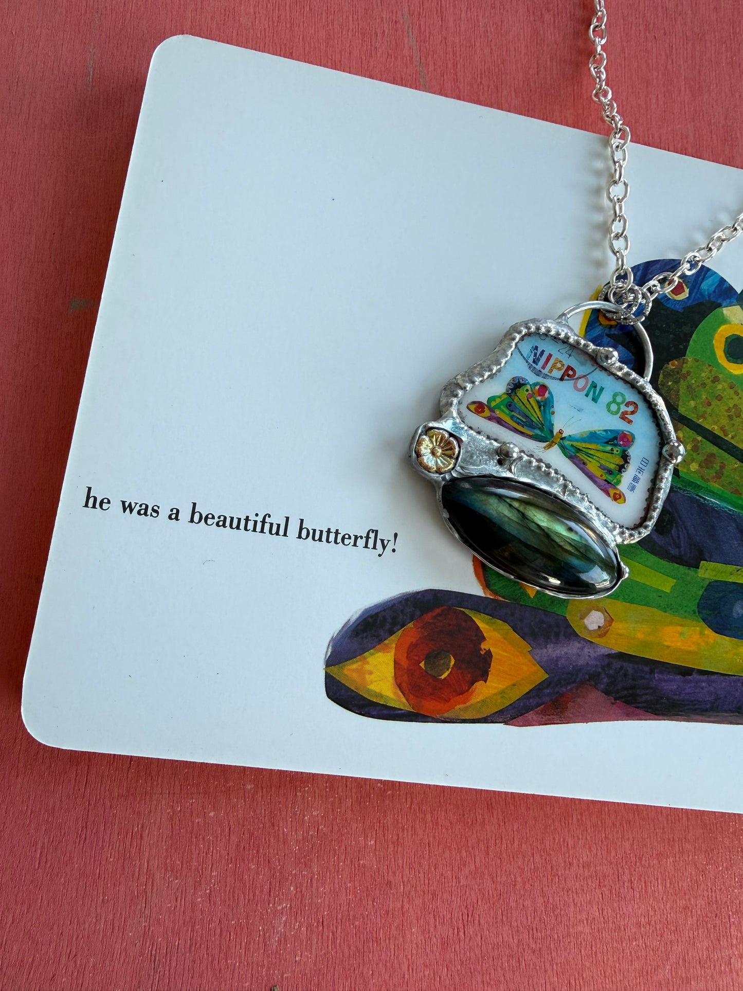 Resin & Czech Glass Necklace with Japan Stamp Butterfly | Labradorite Pendant | Lead & Nickel Free The Hungry Caterpillar