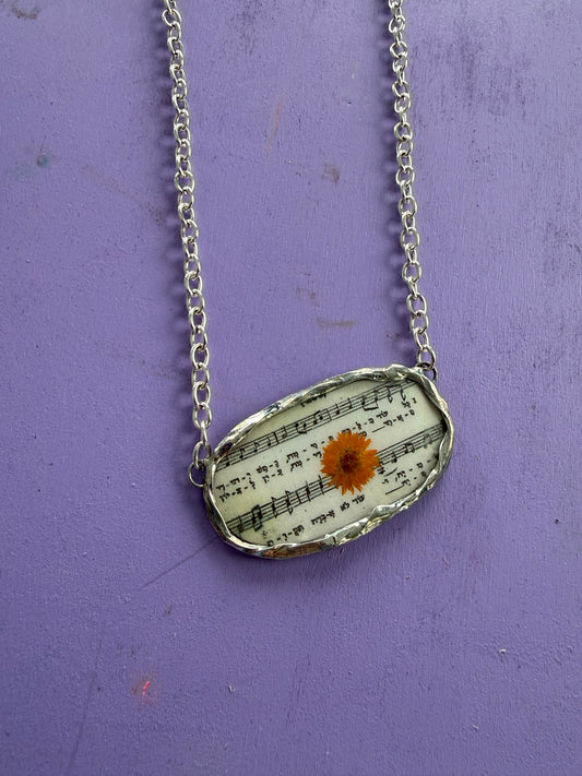 Old Hatikvah Vintage Music Sheet Necklace with Orange Flower