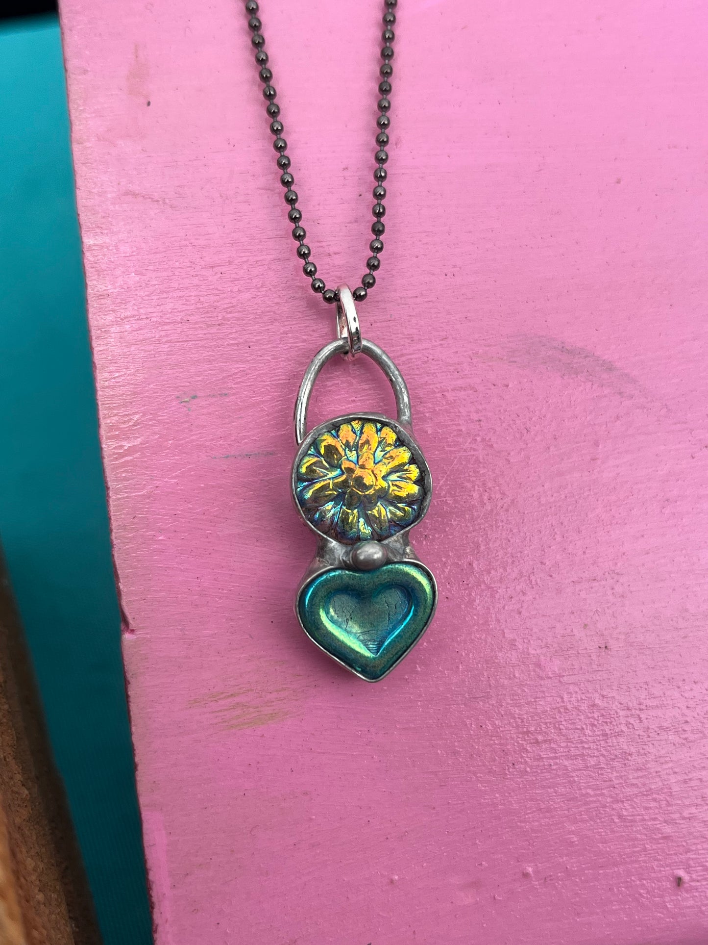 Czech Glass Heart Necklace with Czech Glass Dahlia Pendant – Handmade Elegant Jewelry