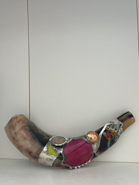Handcrafted Decorated Shofar Keepsake – Moth Wing, Bougainvillea, Orange Marble Glass & Vintage Shekel