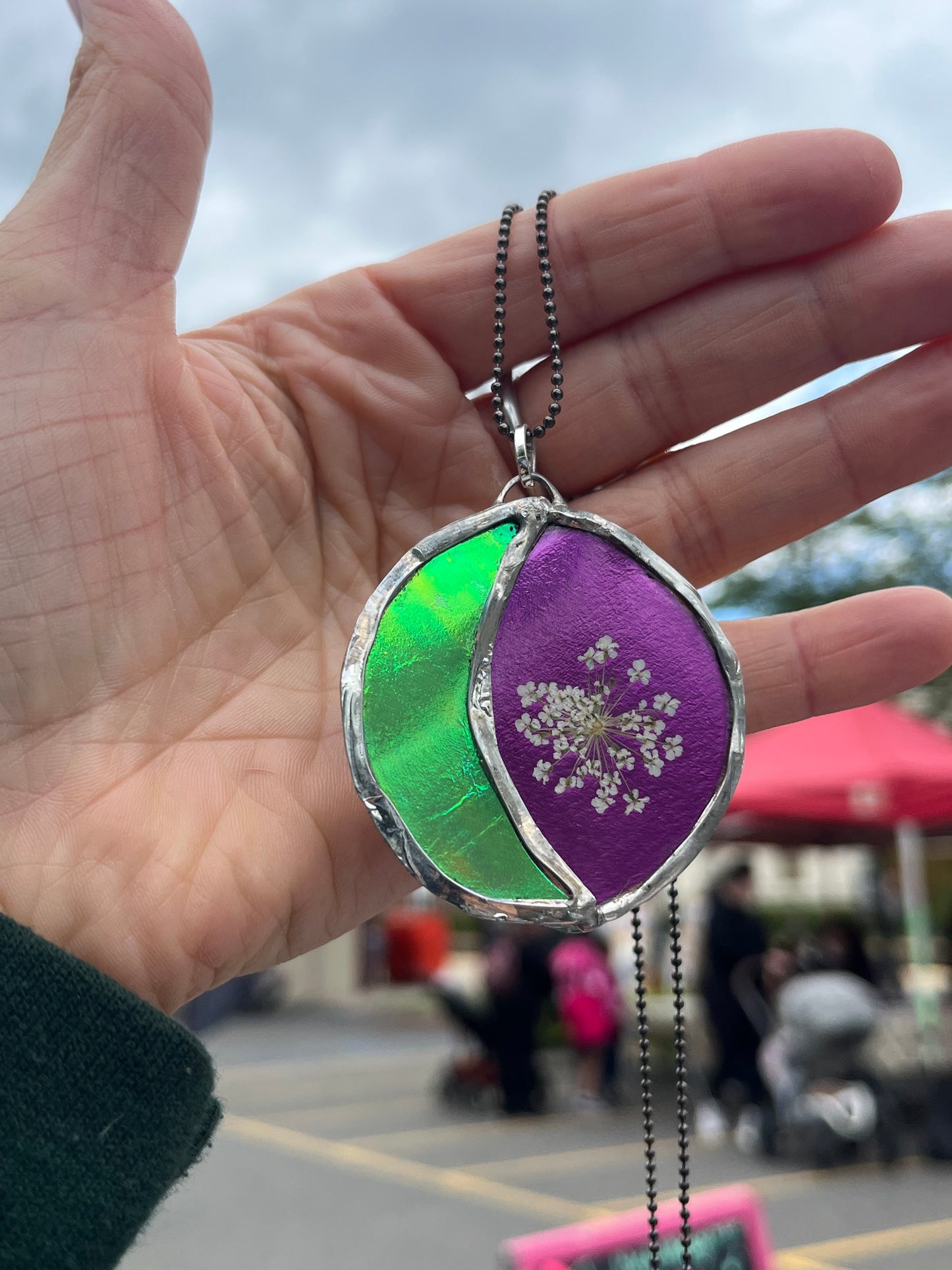 Crescent Moon Necklace with Green and Purple Queen Anne’s Lace – Botanical Moon Jewelry