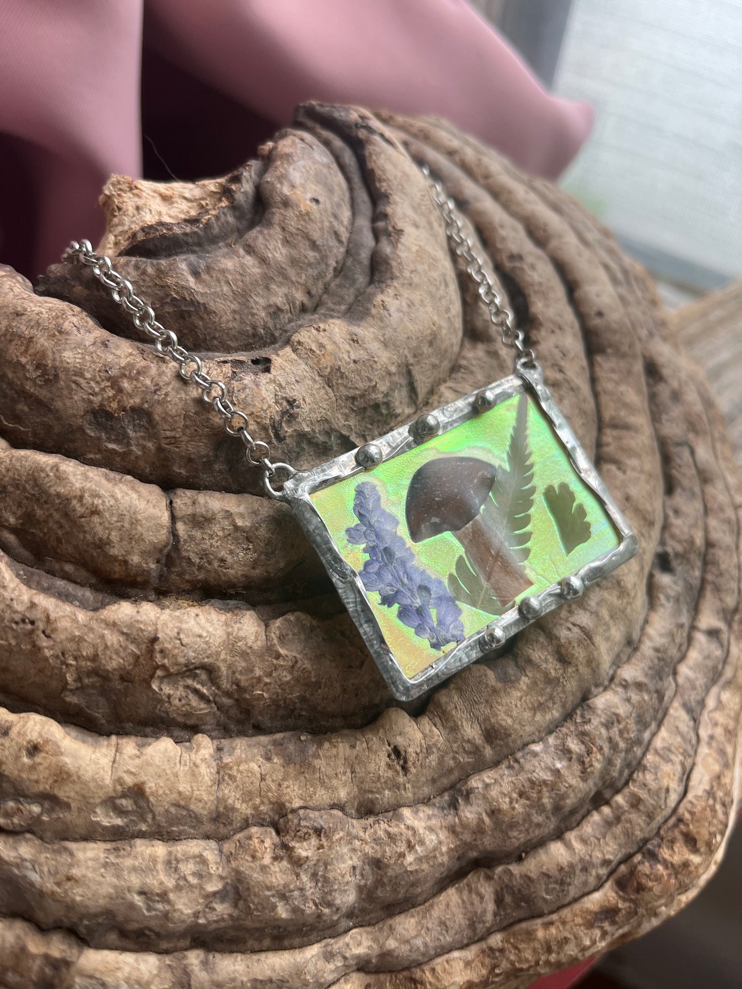 Mushroom Botanical Iridescent Fairy Land Necklace