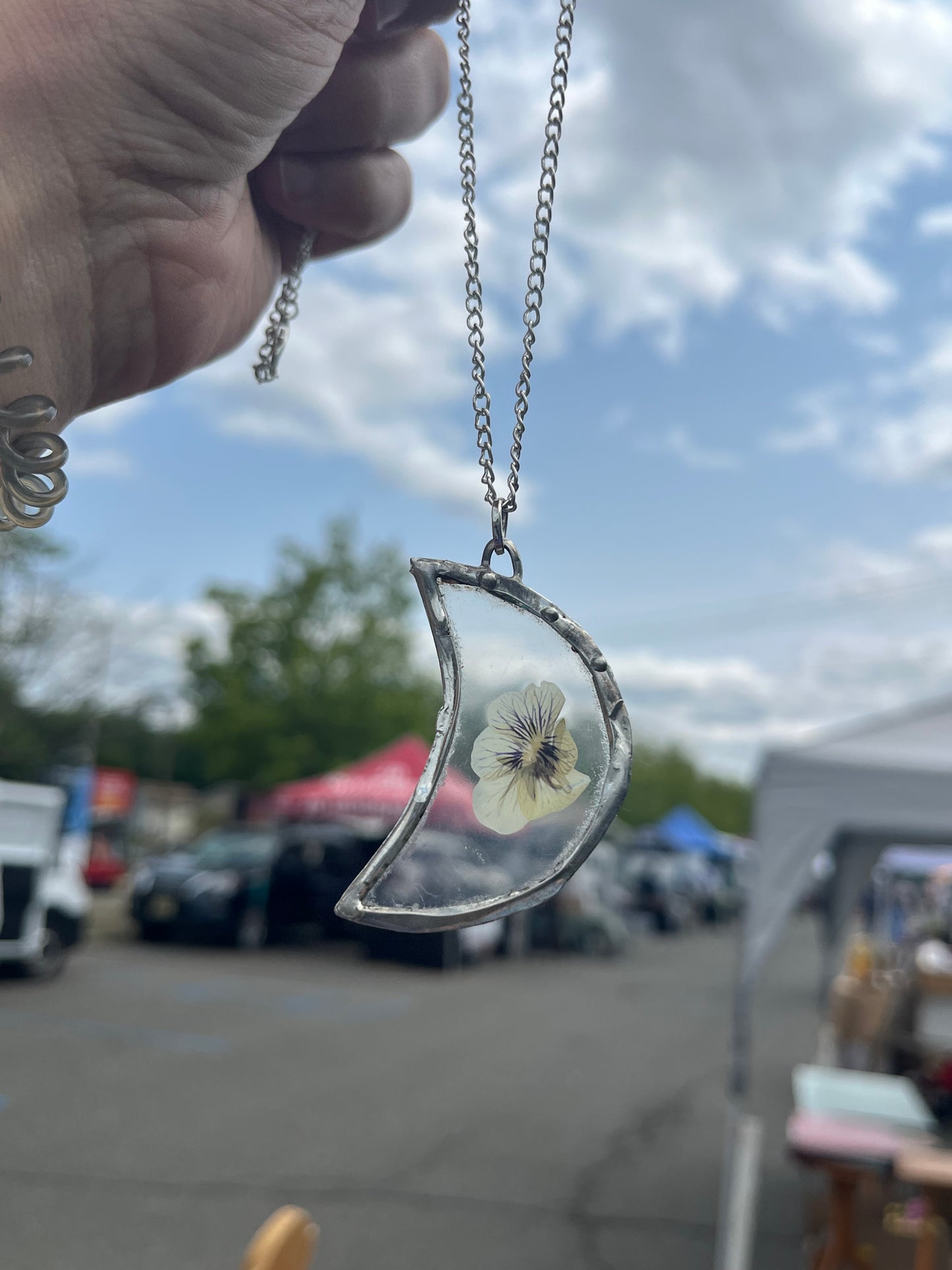 Pansy Flower Crescent Moon Necklace – Resin Botanical Jewelry