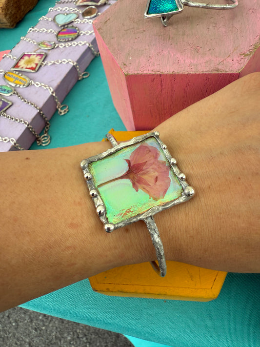 “Iridescent Sakura” Cuff – Real Cherry Blossom & Rainbow Glass Bracelet