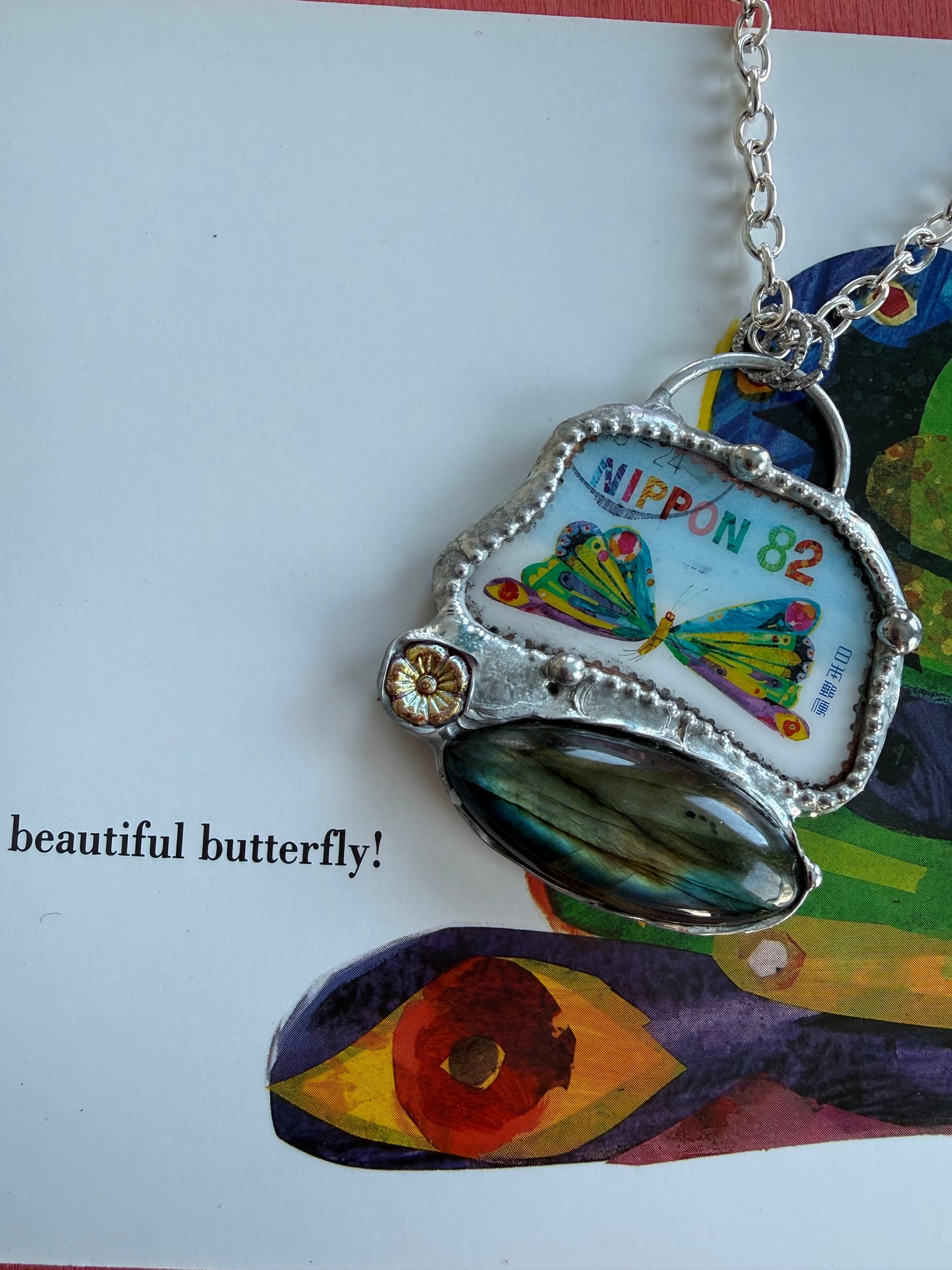 Resin & Czech Glass Necklace with Japan Stamp Butterfly | Labradorite Pendant | Lead & Nickel Free The Hungry Caterpillar