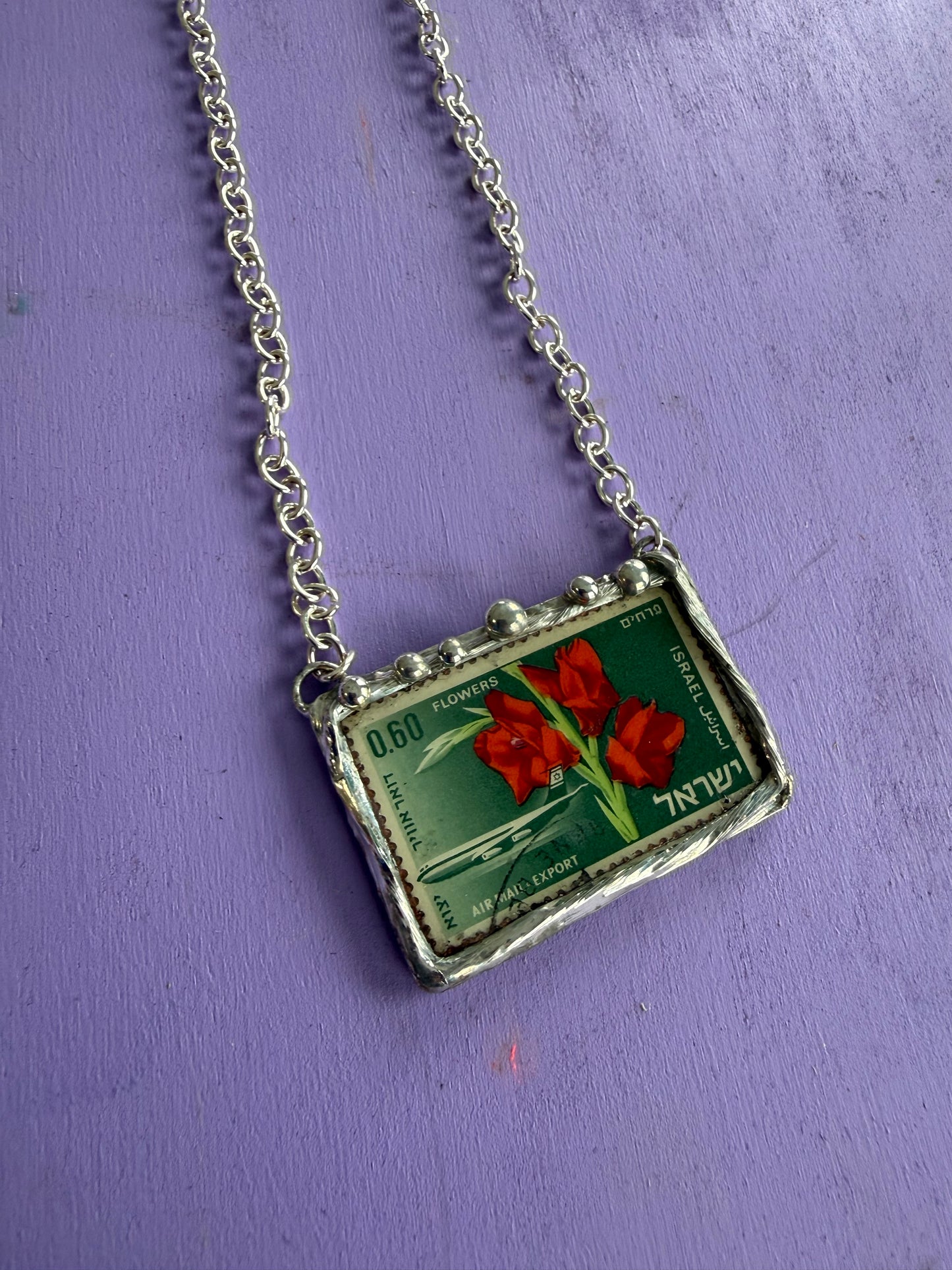Vintage Israeli Red Flower Stamp Necklace