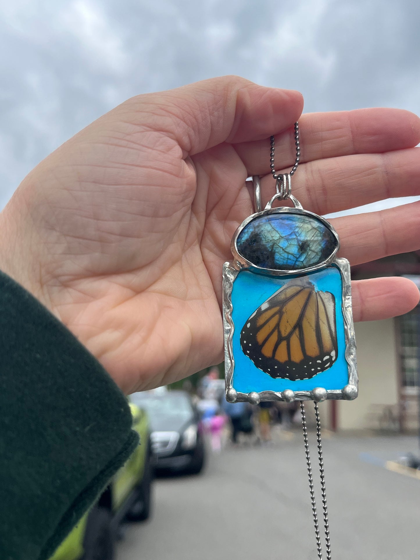 Labradorite Necklace with Monarch Butterfly Wing and Iridescent Accents – Nature-Inspired Elegance