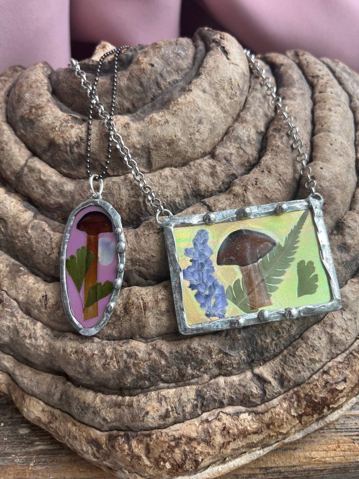 Mushroom Botanical Iridescent Fairy Land Necklace